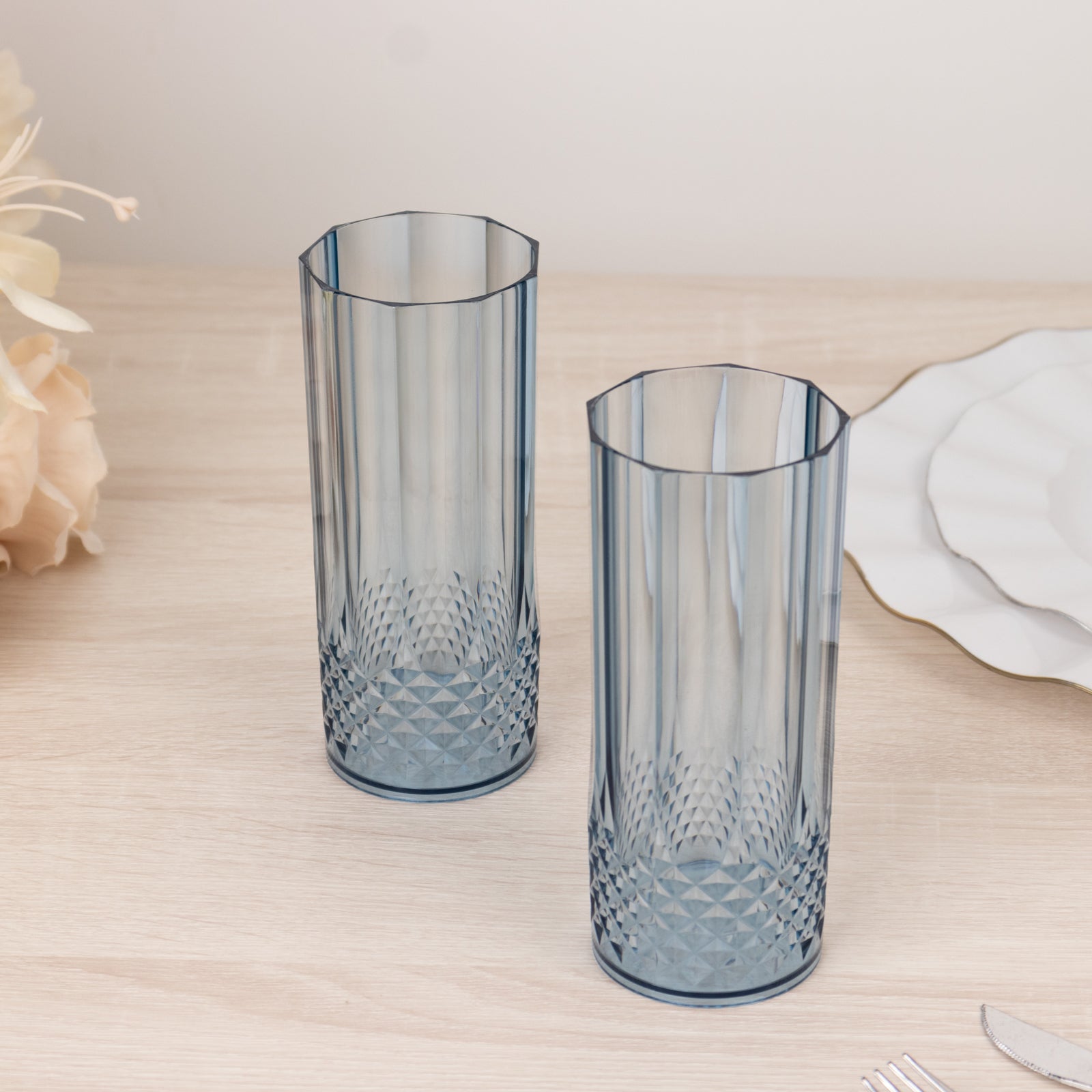 6-Pack Shatterproof 14oz Dusty Blue Plastic Cocktail Tumblers - Crystal Cut Style