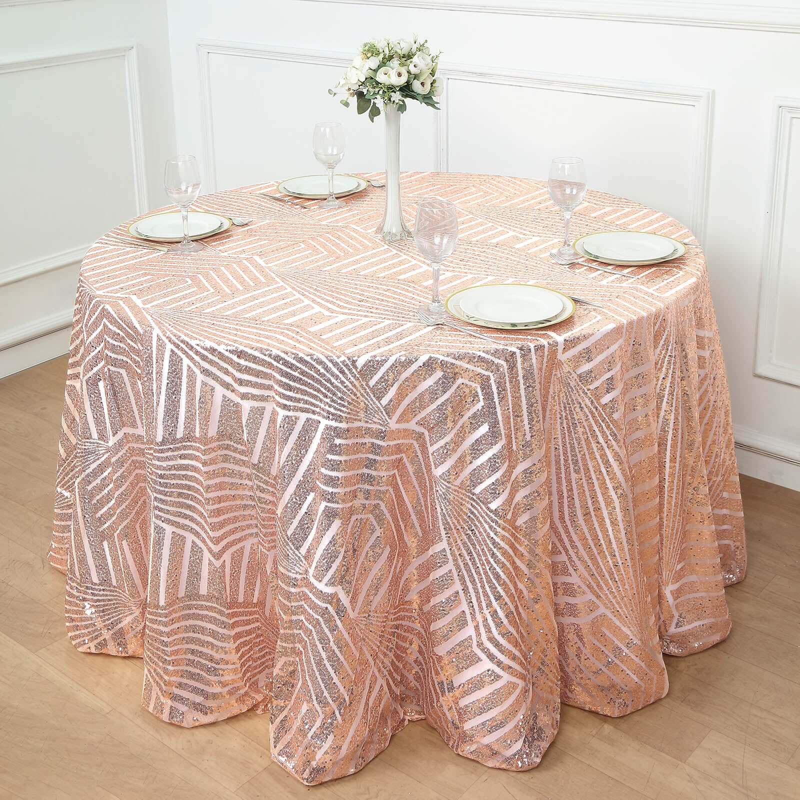 120-inch Rose Gold Seamless Sequin Round Tablecloth with Diamond Glitz