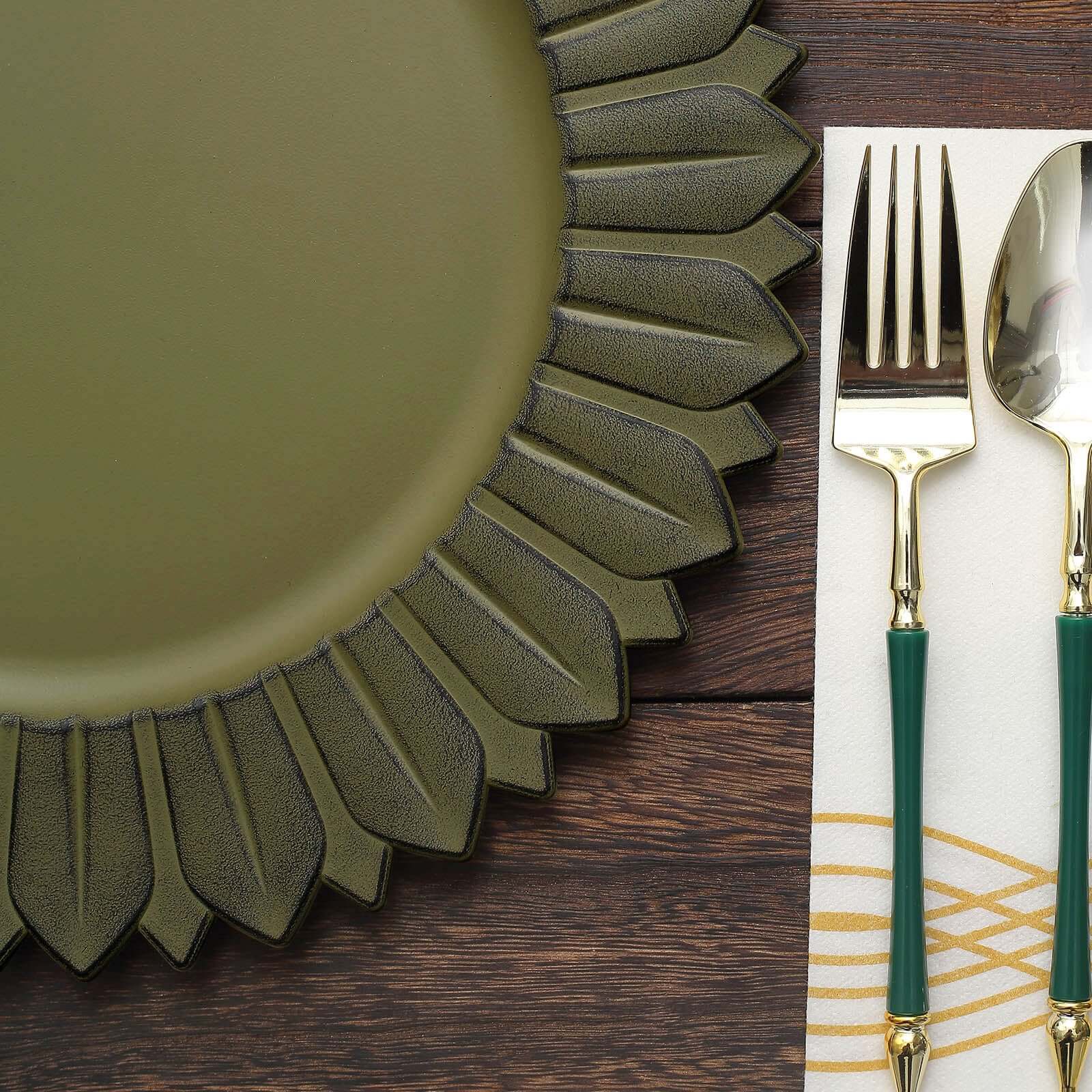 6-Piece Set of 13-Inch Matte Olive Green Plastic Round Charger Plates with Sunflower Rim