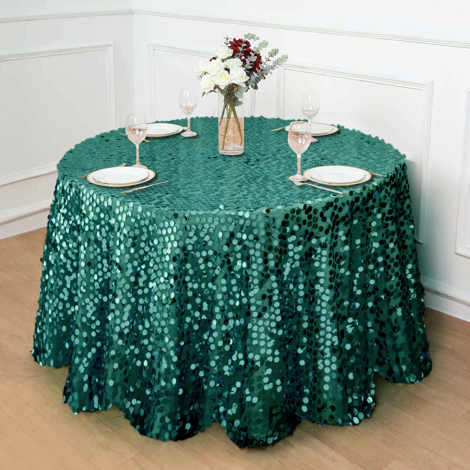 Seamless 120 - inch Round Hunter Emerald Green Sequin Tablecloth