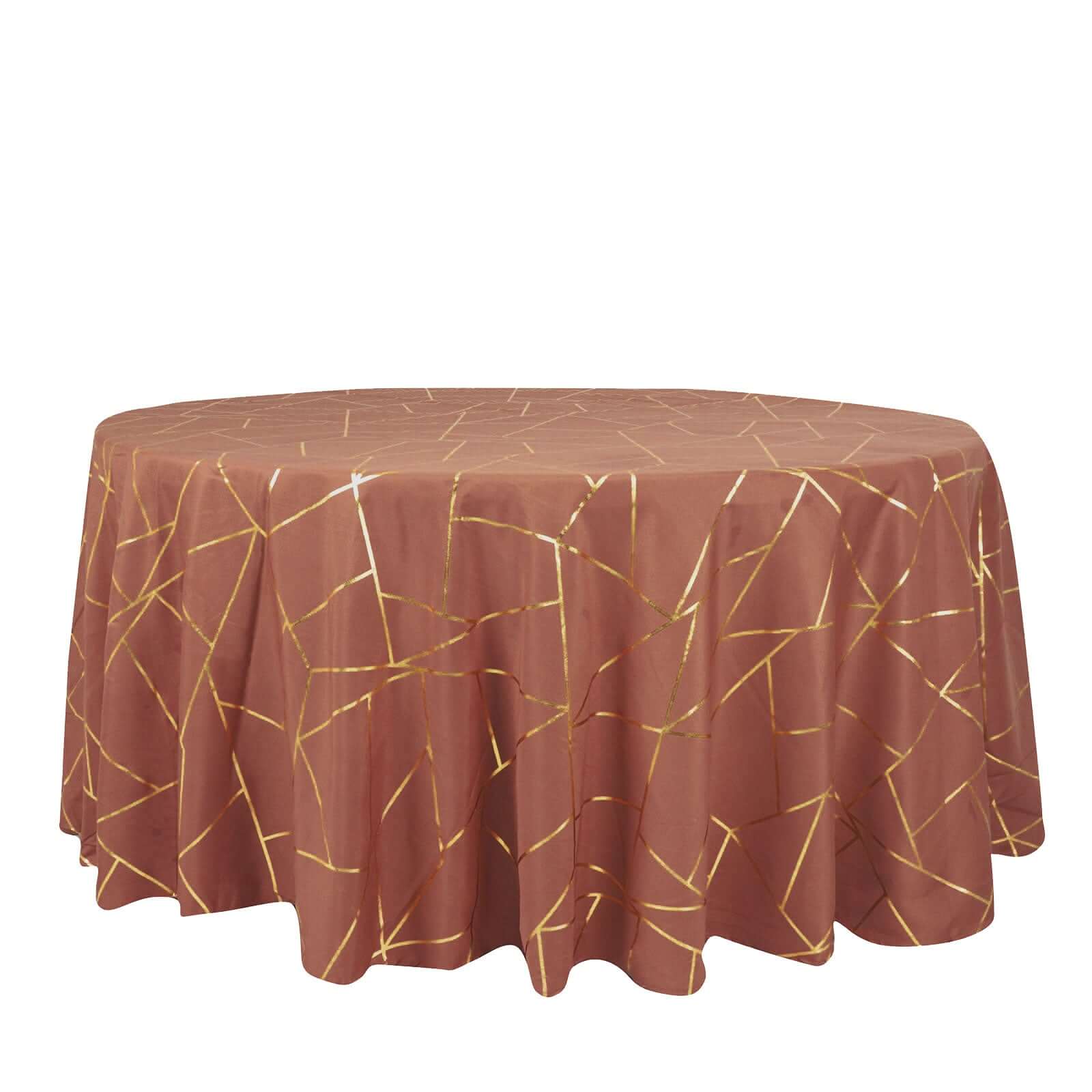 Wrinkle-Resistant Seamless Polyester Round Tablecloth in Terracotta with Gold Foil Geometric Design
