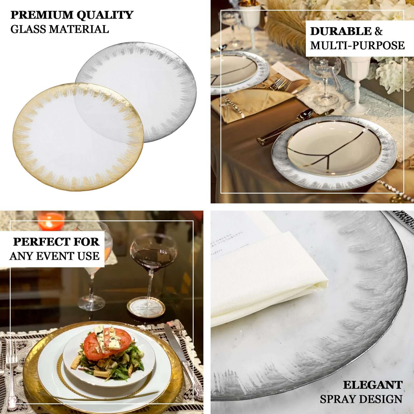 Hot Sale! 8-Piece Set of 13-Inch Clear Glass Round Dinner Charger Plates with Metallic Gold Spray Rim