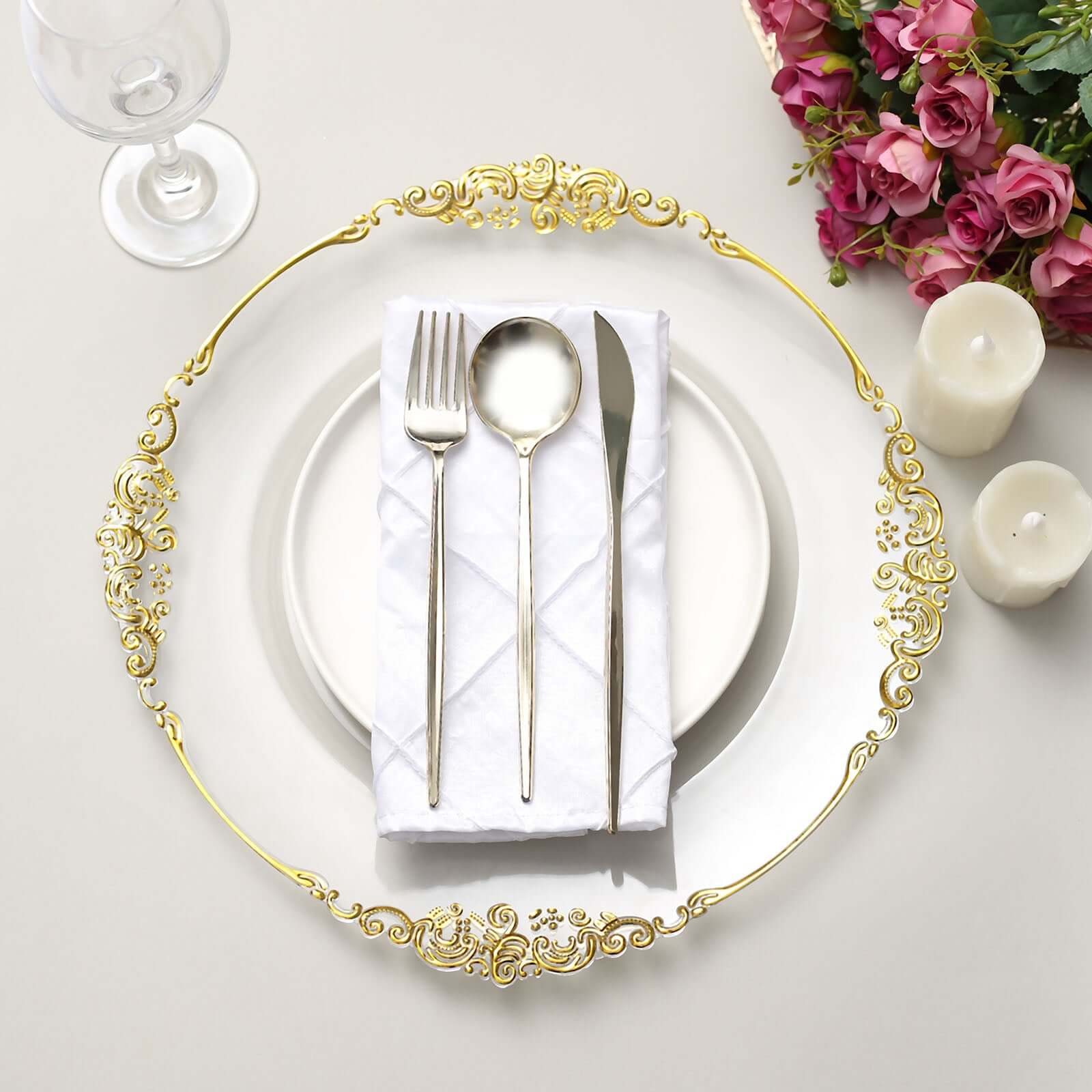 Hot Sale! 6-Pack 13-inch Clear Acrylic Round Charger Plates with Gold Embossed Baroque Rim for Antique Dinner Parties