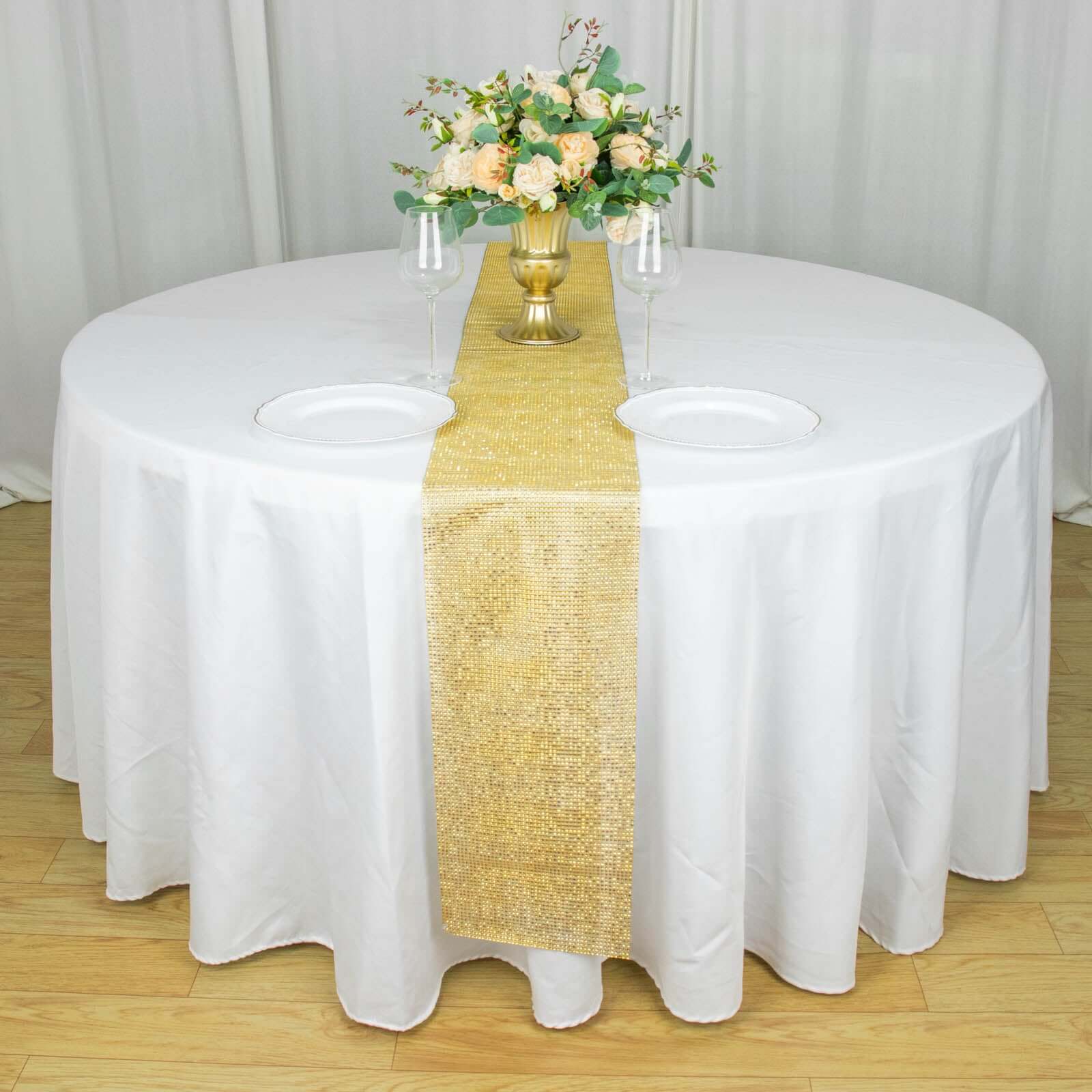 Hot Sale! 10x108 Gold Plastic Table Runner with Luxurious Diamond Mesh Shine
