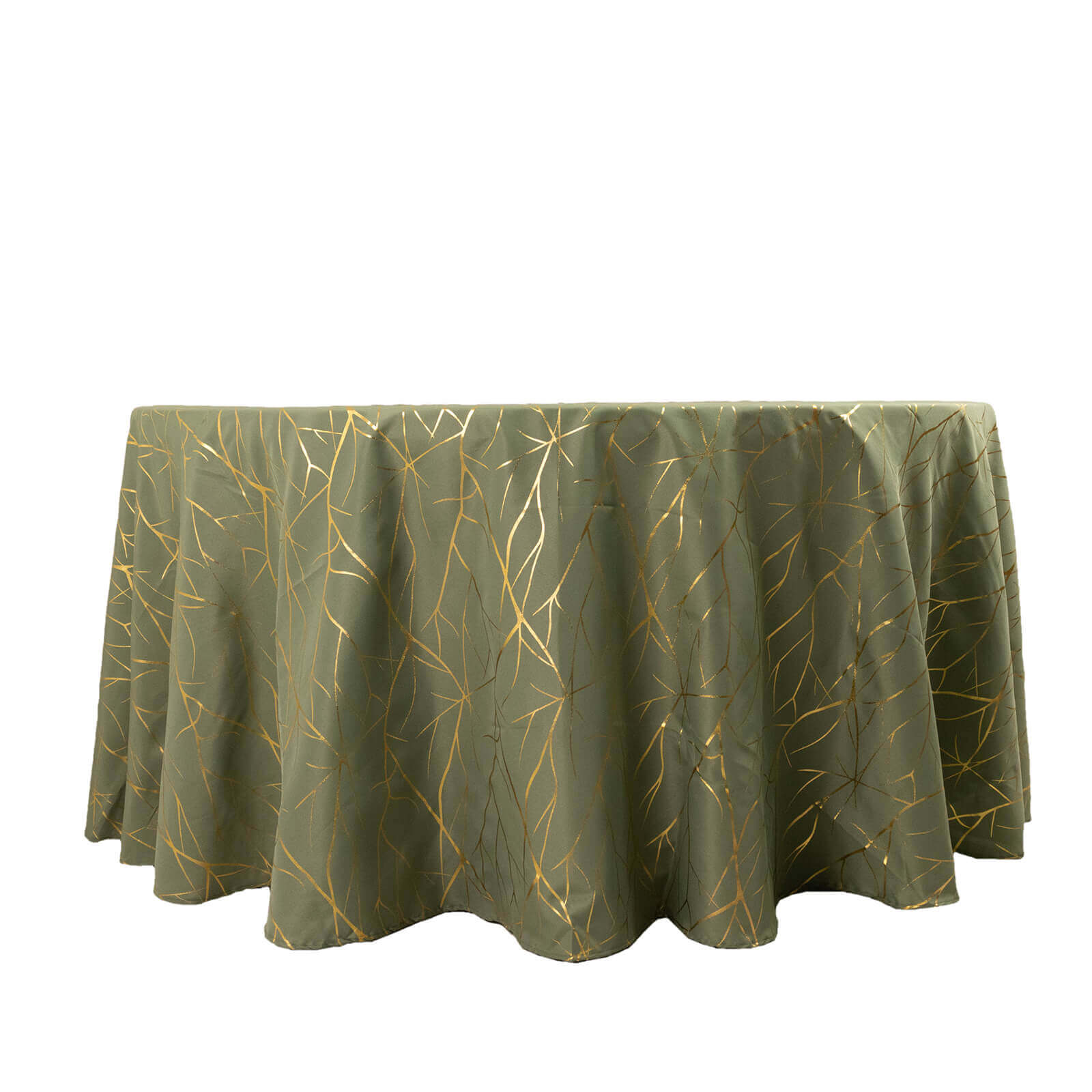 Exclusive! Wrinkle-Resistant 120" Polyester Round Tablecloth in Dusty Sage Green with Gold Foil Tree Branch for Classy Events