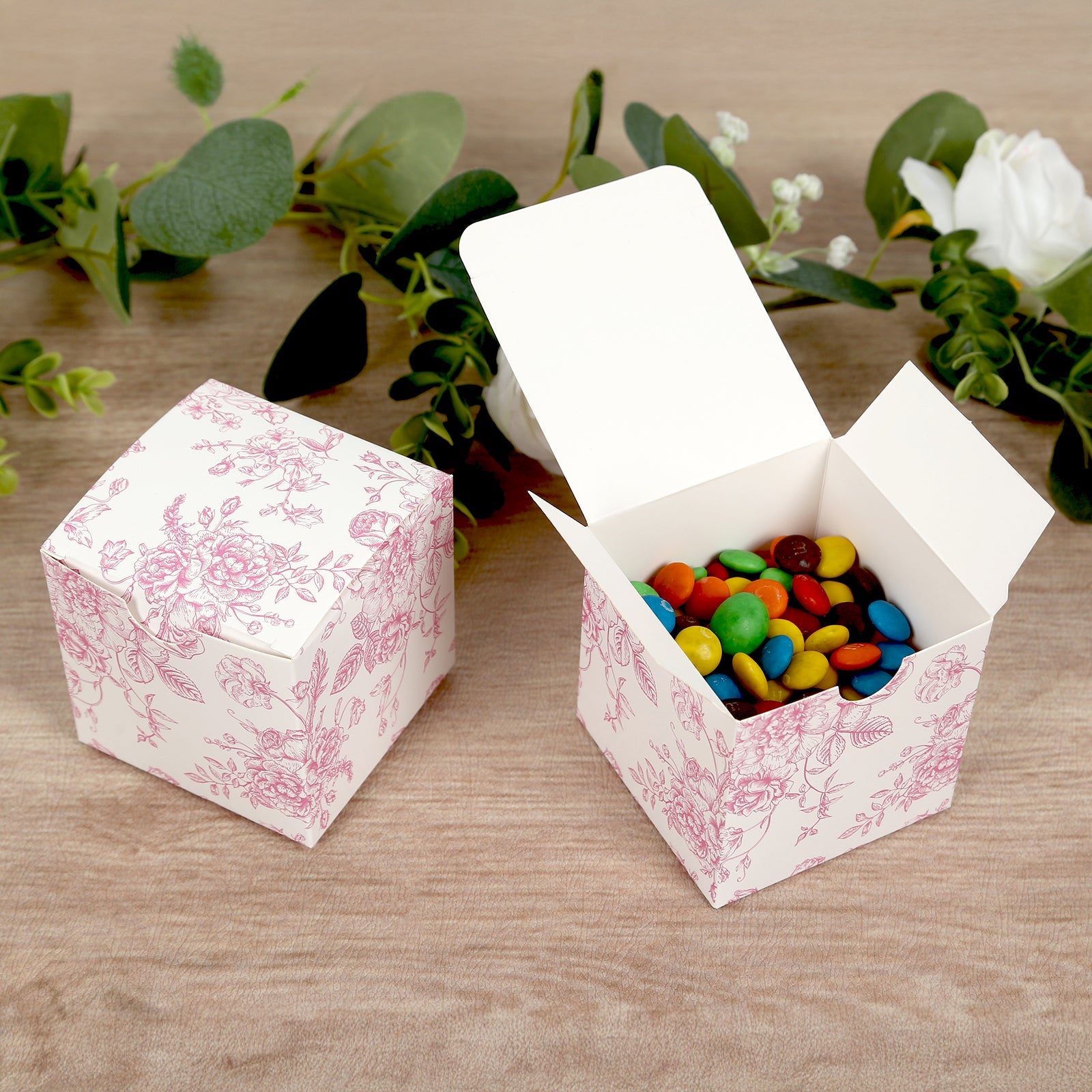 25-Pack French Toile Pattern Matte Pink and White Cardstock Candy Favor Boxes, 3x3 - Perfect for Parties