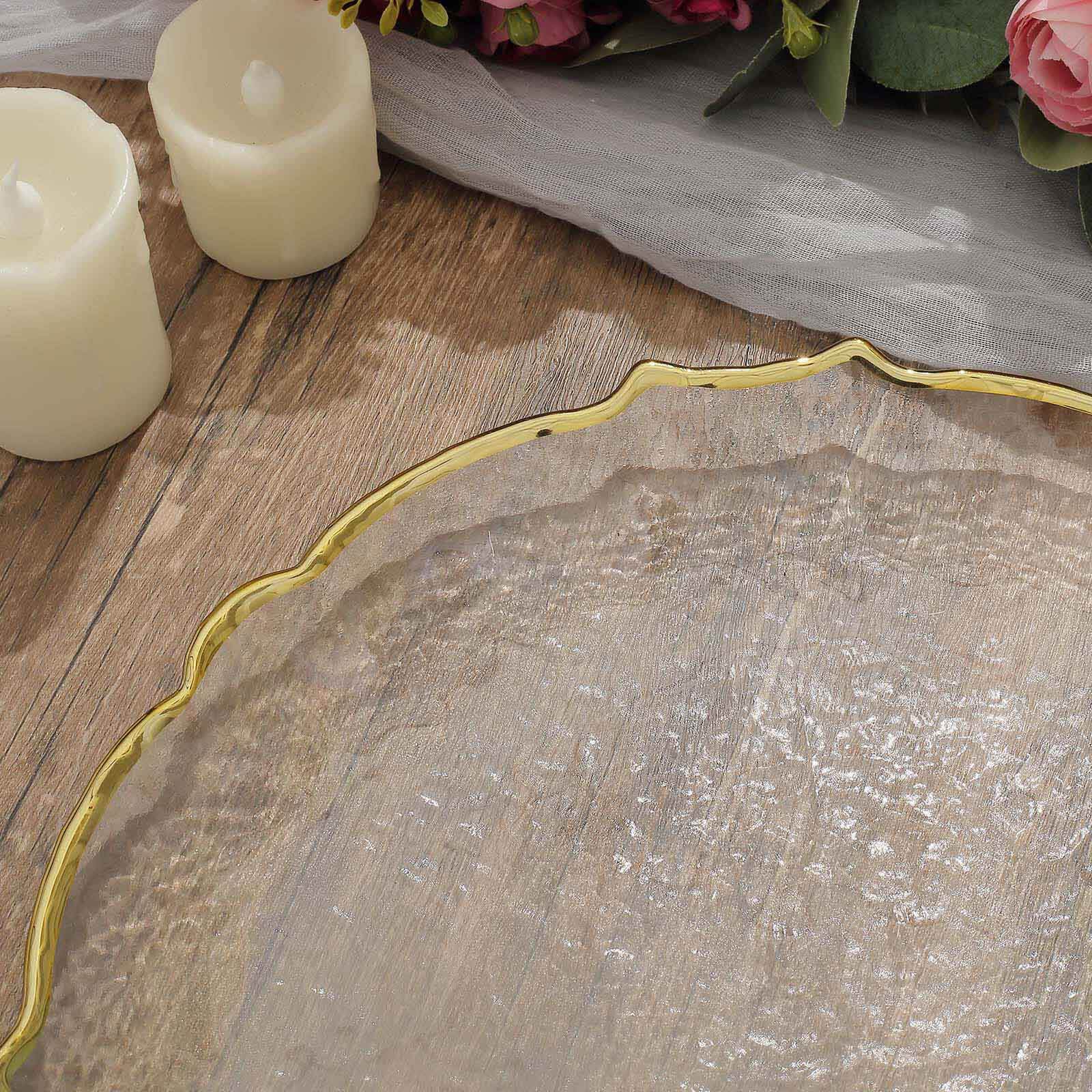 8-Piece Set of 13-Inch Clear Glass Charger Plates with Gold Sunflower Scalloped Edges