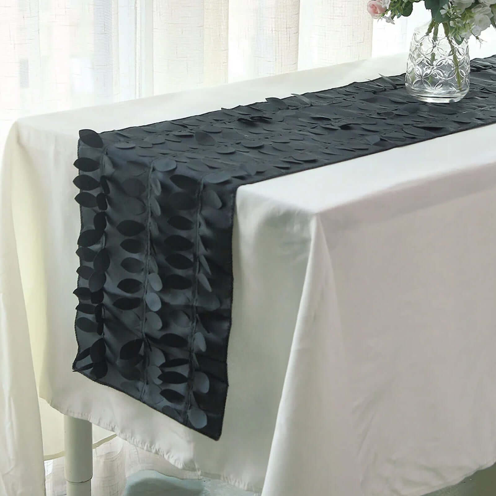 Exclusive Black Taffeta Table Runner with 3D Leaf Petal Design