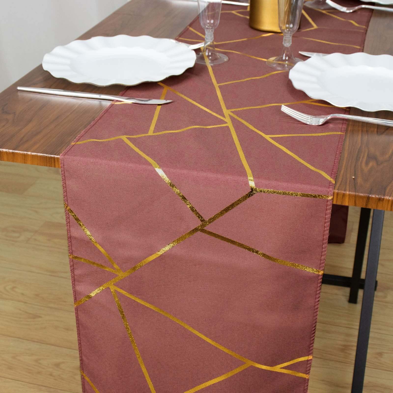 Hot Sale! 9ft Polyester Table Runner in Cinnamon Rose with Gold Foil Geometric Design