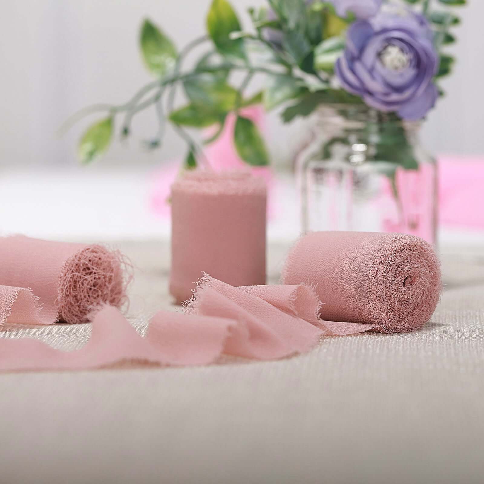 2-Pack 6yd Dusty Rose Silk-Like Chiffon Linen Ribbon Rolls - Ideal for Bouquets & Gift Wrapping