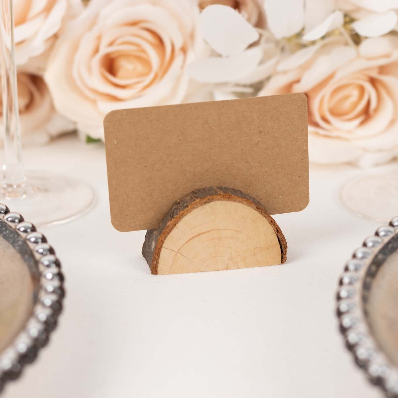 Set of 10 Natural Wood Place Card Holders with Brown Paper - Rustic Semicircle Design for Wedding Table Numbers