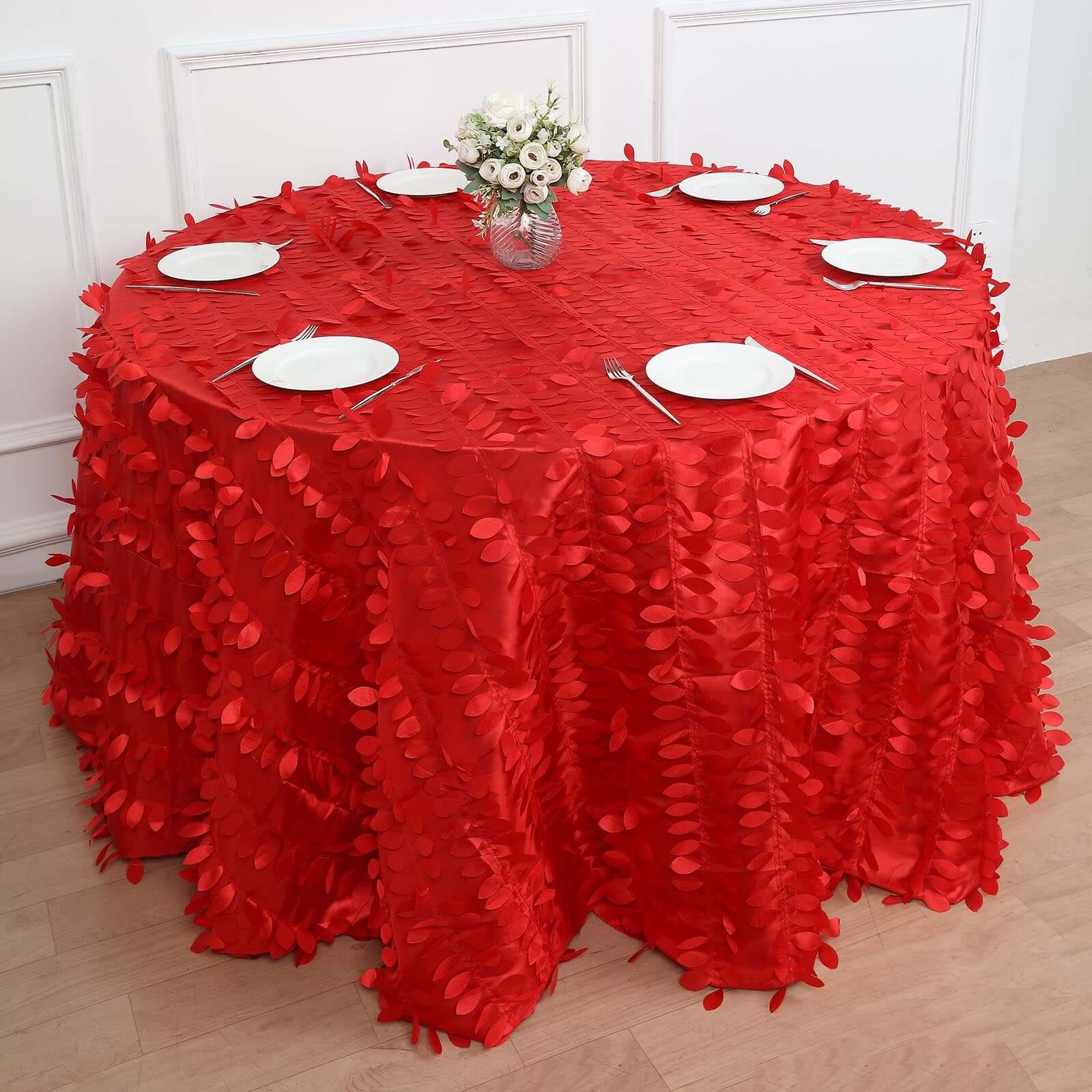 120-Inch Red Seamless 3D Leaf Petal Taffeta Round Tablecloth for 5-Foot Tables