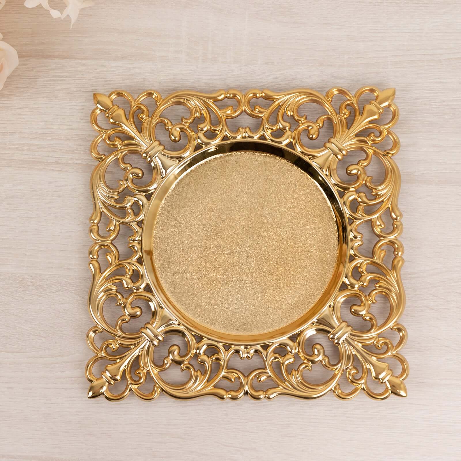 Hot Sale! 6-Piece Set of 12-Inch Gold Acrylic Square Charger Plates with Hollow Lace Border for Event Decor
