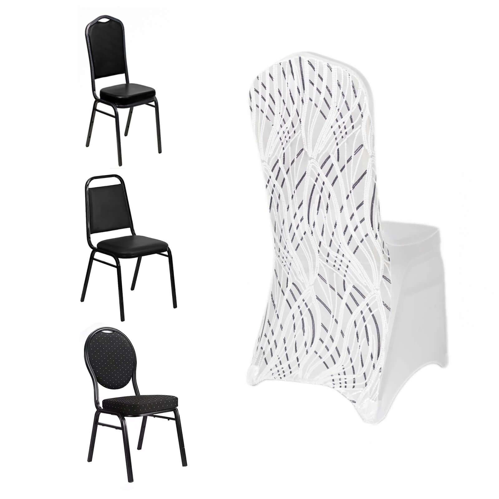 Luxe Glittering Stretch Fitted Slipcover - Spandex Banquet Chair Cover with Wave - Embroidered Sequins in White/Black