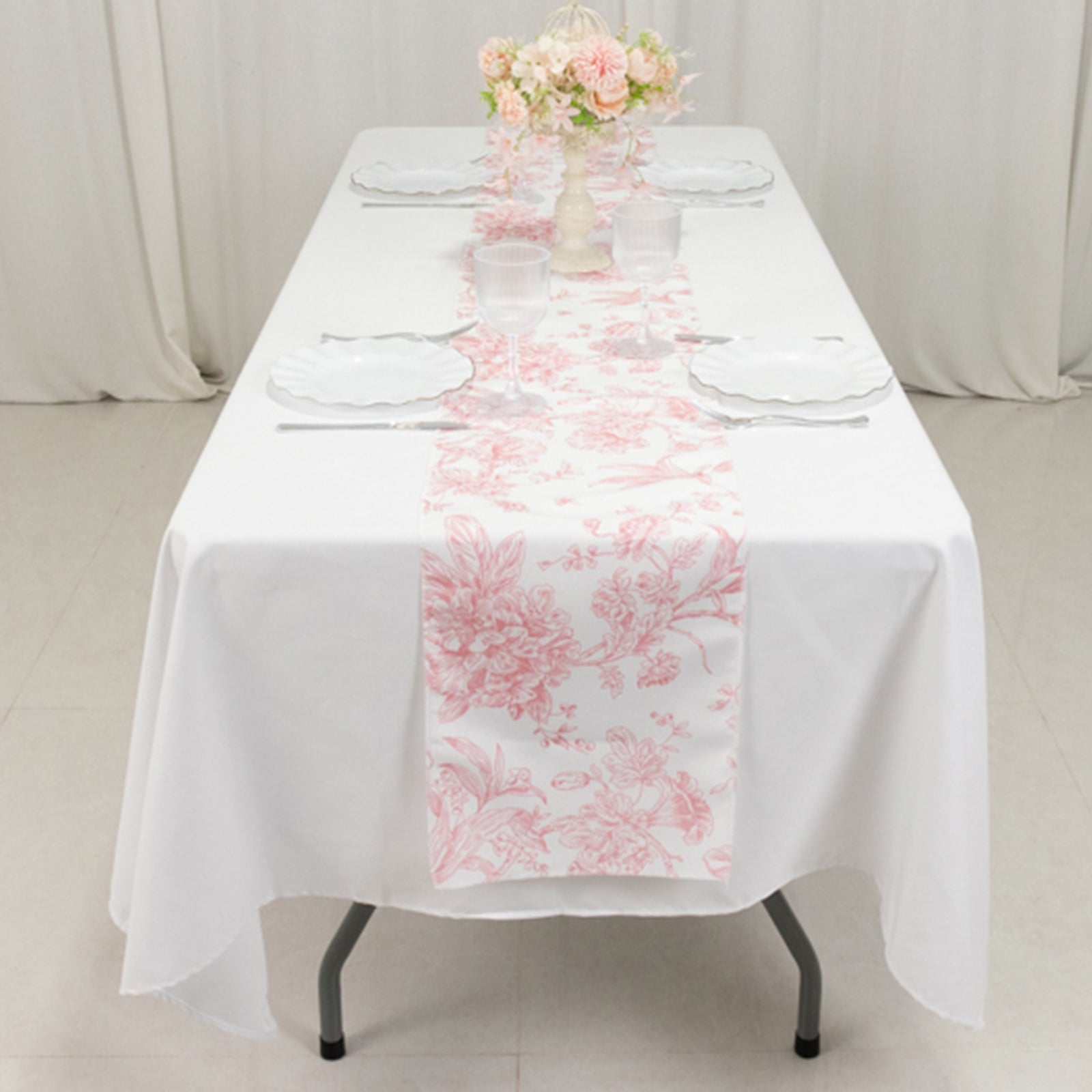 Hot Sale! Reusable White Polyester Table Runner with Pink French Toile Floral Print, 12x108