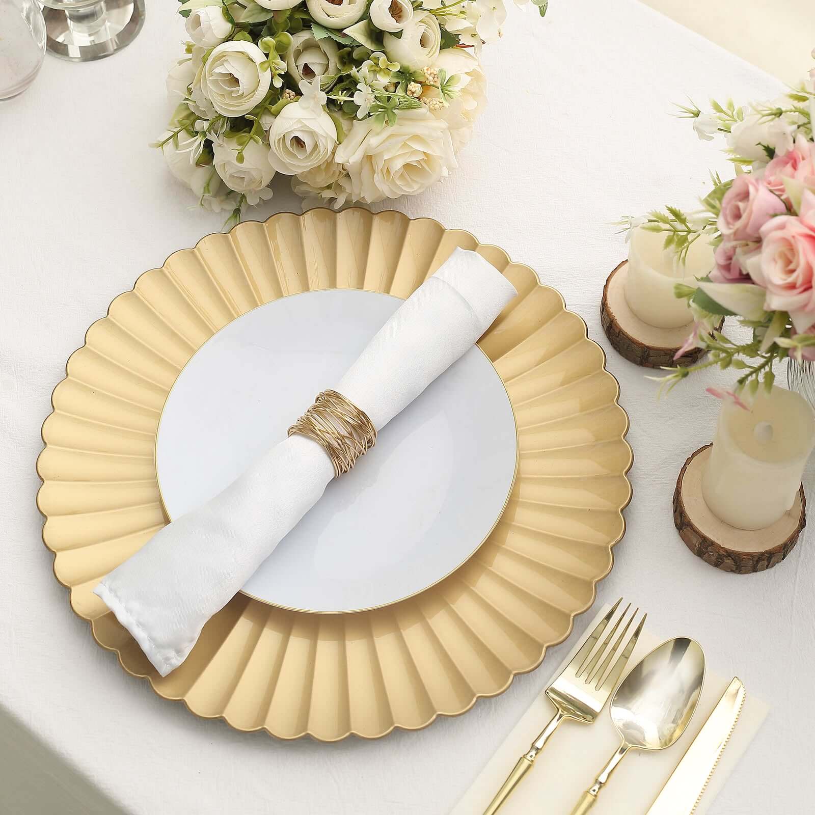 6-Pack Gold Plastic Round Charger Plates, 13 inches, Coastal Style with Scalloped Shell Pattern, Disposable Tableware