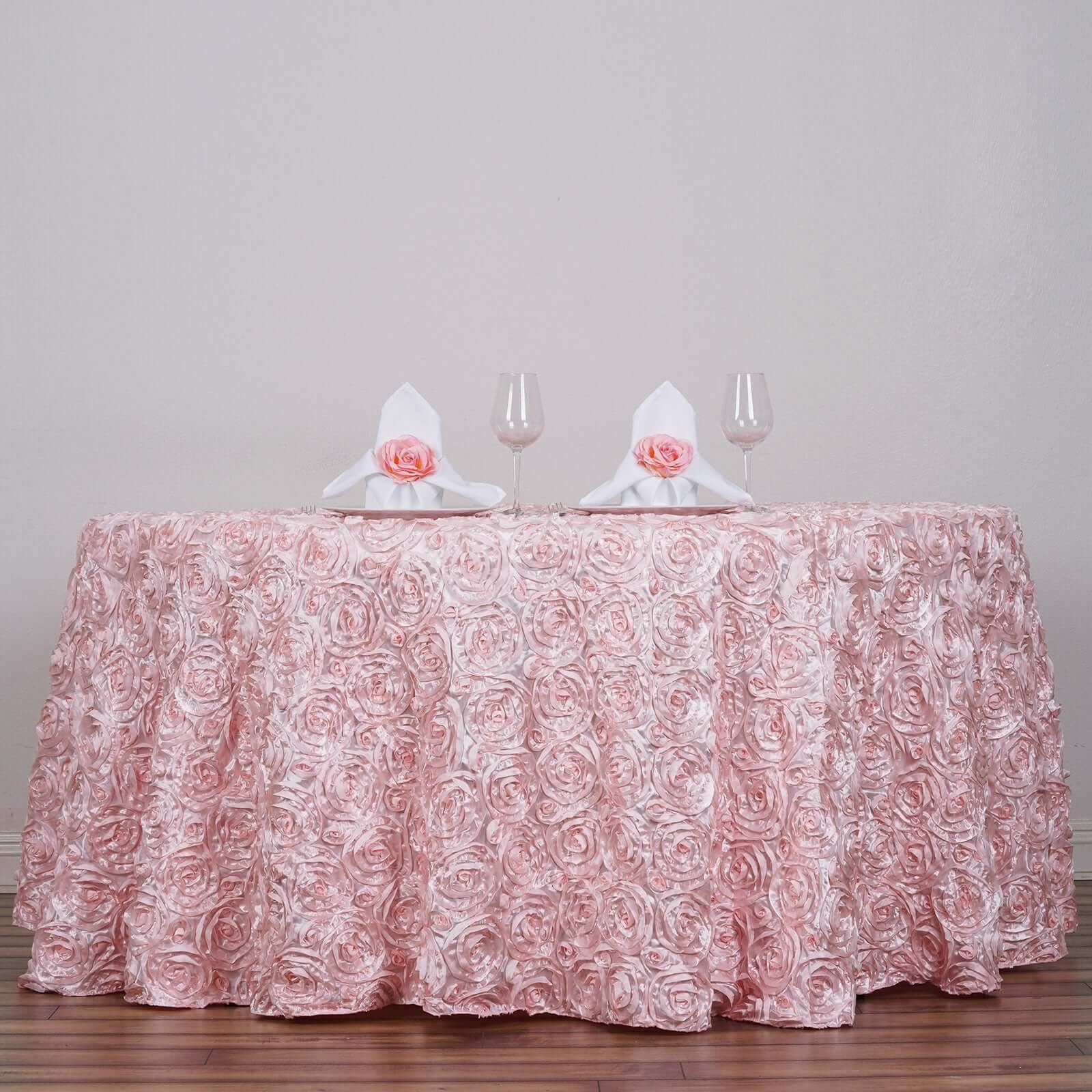 Luxurious Blush Satin 120-Inch Round Tablecloth with 3D Rosette and Seamless Finish
