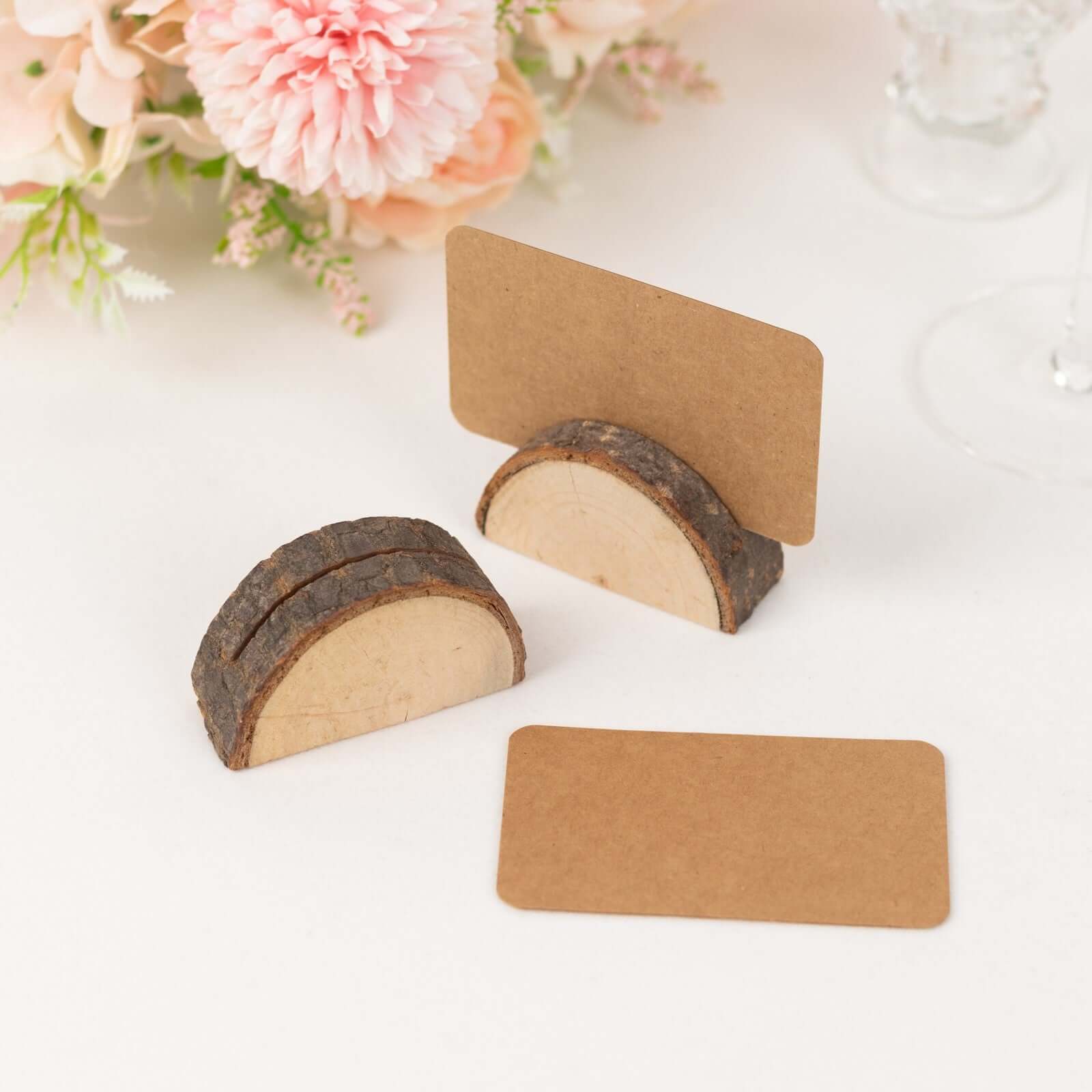 Set of 10 Natural Wood Place Card Holders with Brown Paper - Rustic Semicircle Design for Wedding Table Numbers