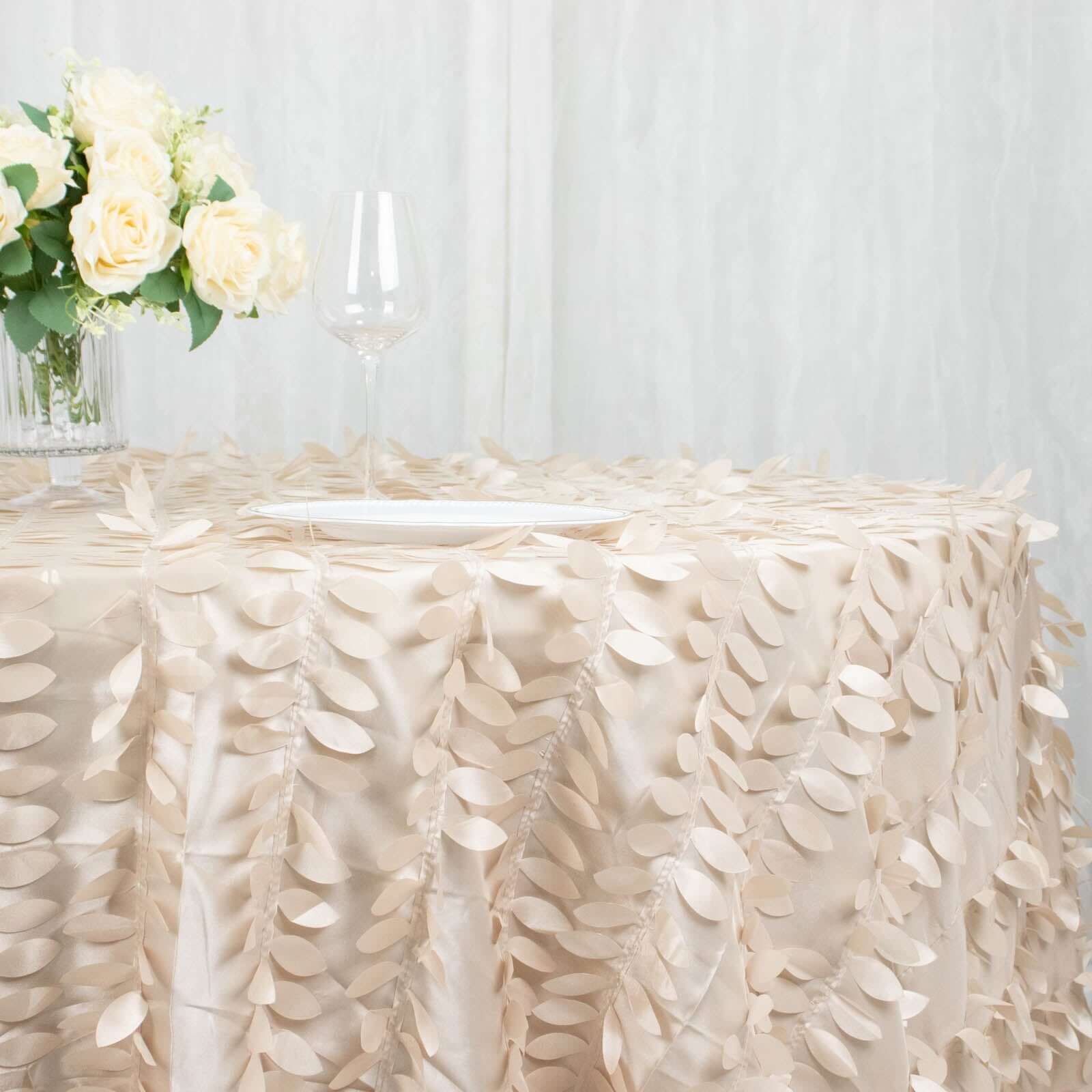 Exclusive Beige 132-Inch Round Taffeta Tablecloth with 3D Leaf Petal Design