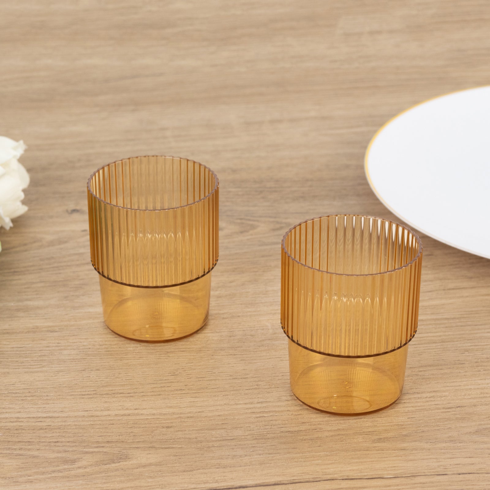 12-Piece Set of Reusable 7oz Stackable Amber Gold Plastic Drinking Glasses with Ribbed Pattern