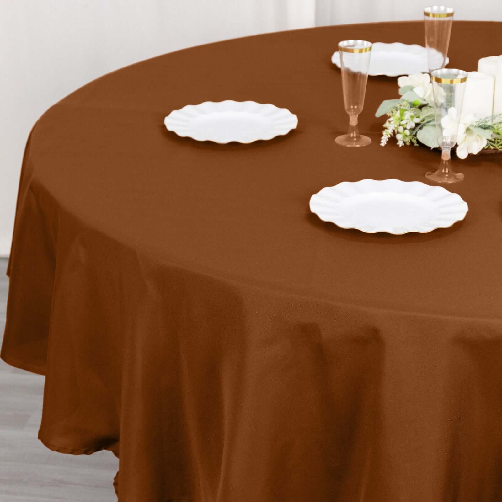 Discount! 90' Round Cinnamon Brown Polyester Tablecloth - Stain & Wrinkle Resistant