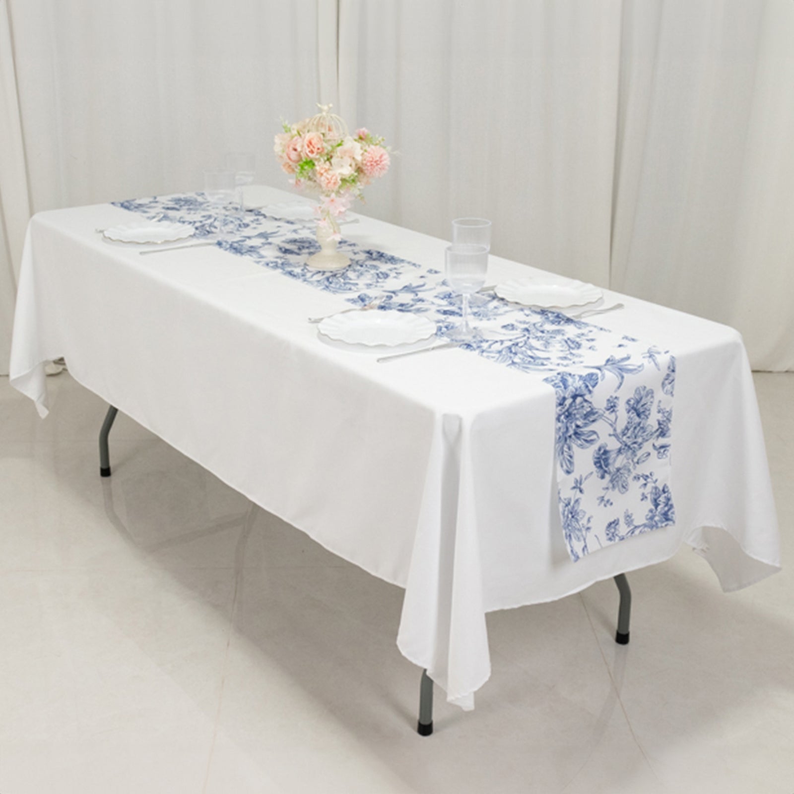 Stylish Reusable White & Blue French Toile Floral Print Polyester Table Runner 12x108 - Perfect for Decor