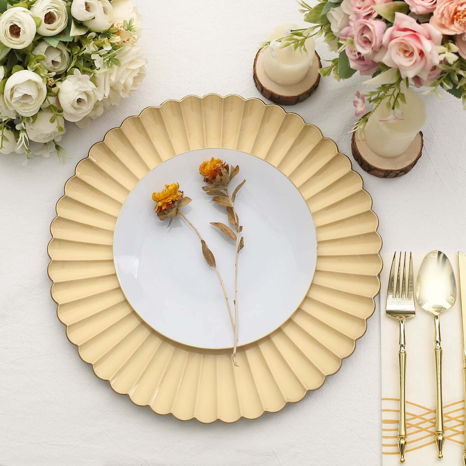 6-Pack Gold Plastic Round Charger Plates, 13 inches, Coastal Style with Scalloped Shell Pattern, Disposable Tableware