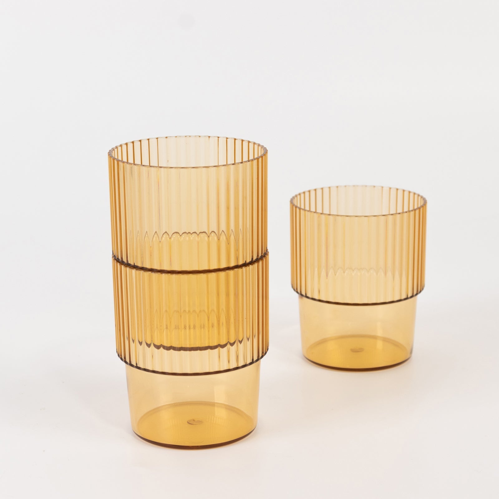 12-Piece Set of Reusable 7oz Stackable Amber Gold Plastic Drinking Glasses with Ribbed Pattern