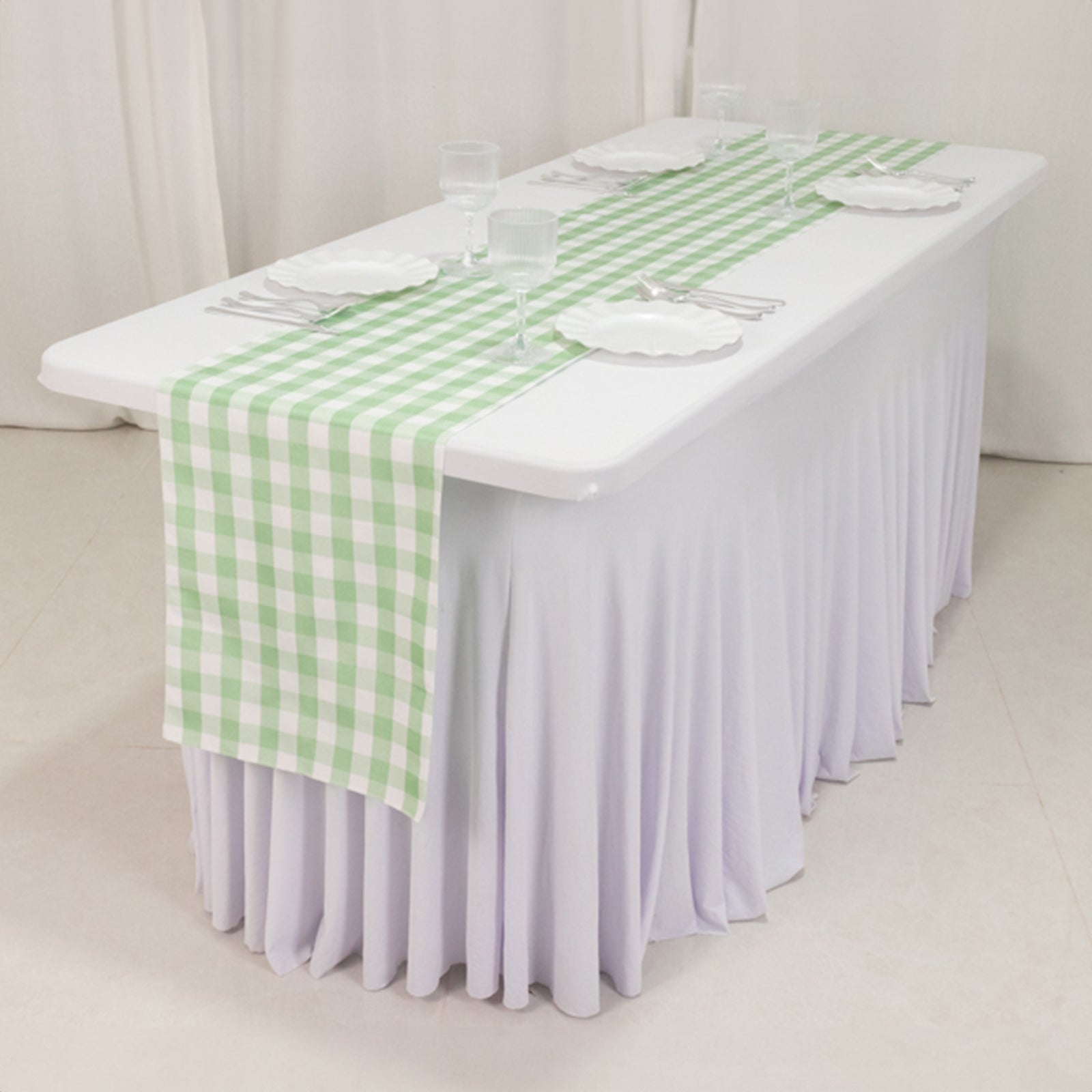 Hot Sale! 14x108 Polyester Table Runner in Sage Green and White Gingham Plaid Design