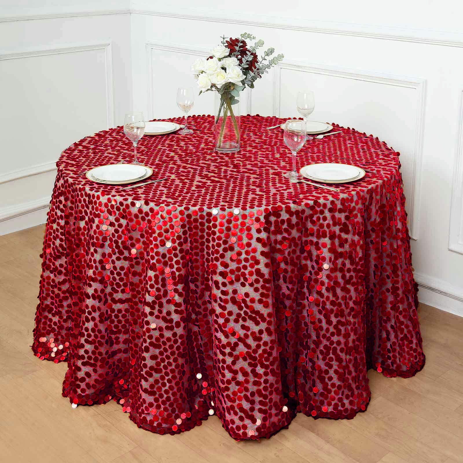 Red Sequin 120-inch Round Seamless Tablecloth with Payette Design