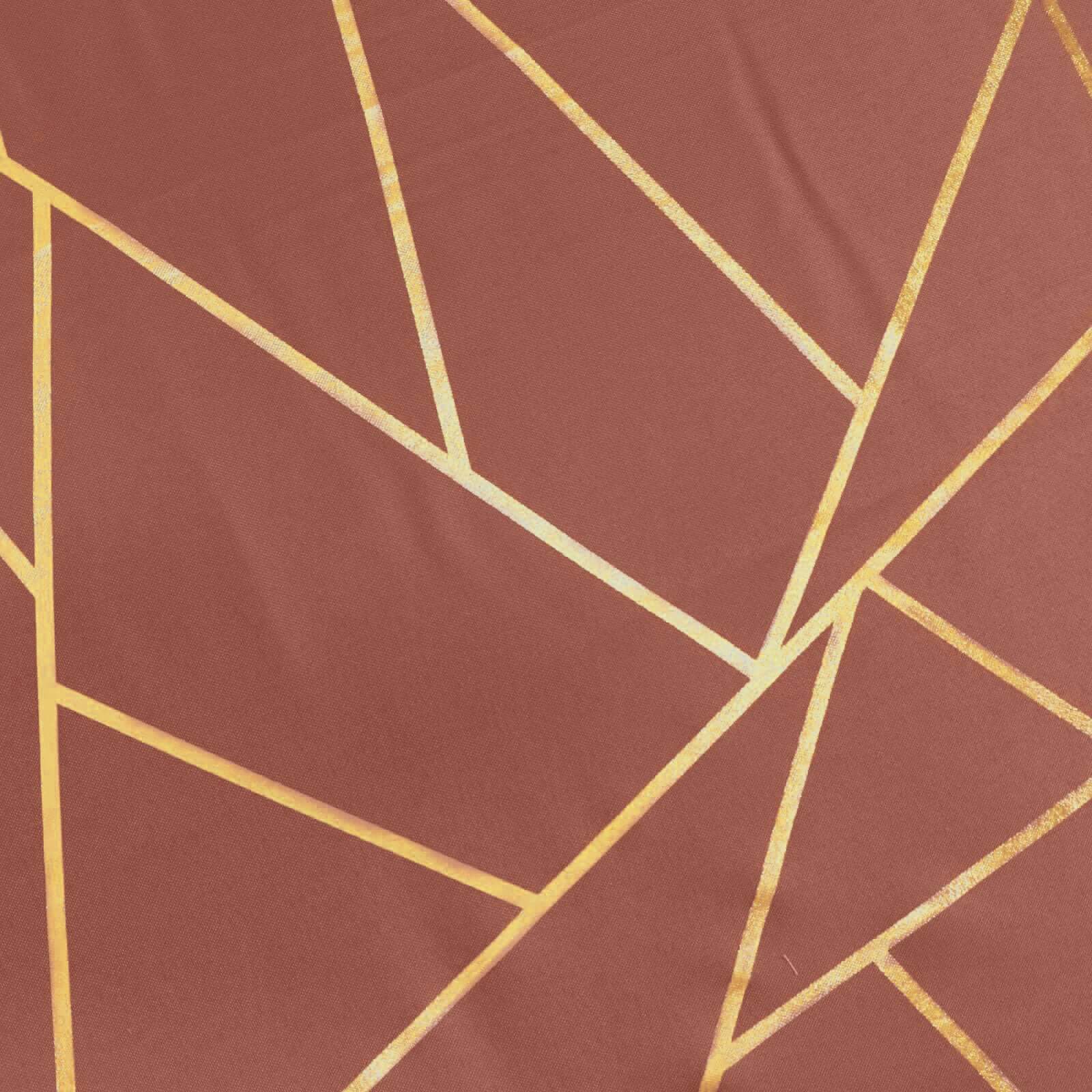 Wrinkle-Resistant Seamless Polyester Round Tablecloth in Terracotta with Gold Foil Geometric Design
