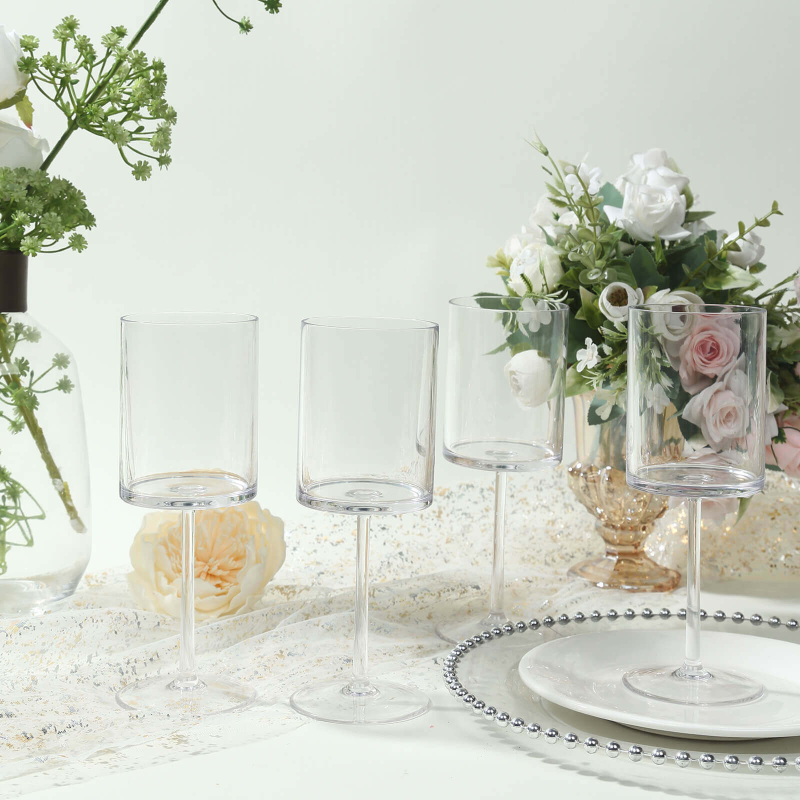 6-Piece Set of Clear Plastic Long Stem Cylindrical Cocktail Glasses - 10oz Shatterproof Tumblers