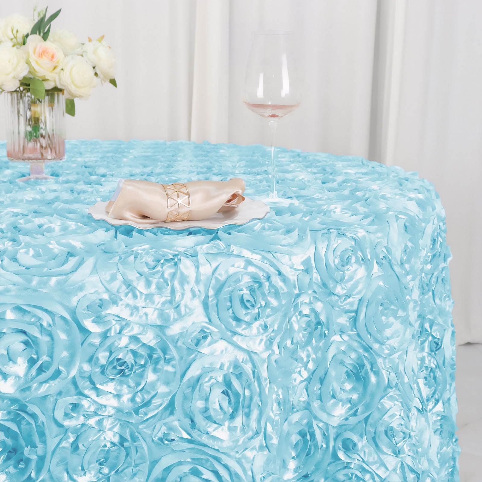 Light Blue 120-Inch Round Satin Tablecloth with Stunning 3D Rosette and Seamless Finish