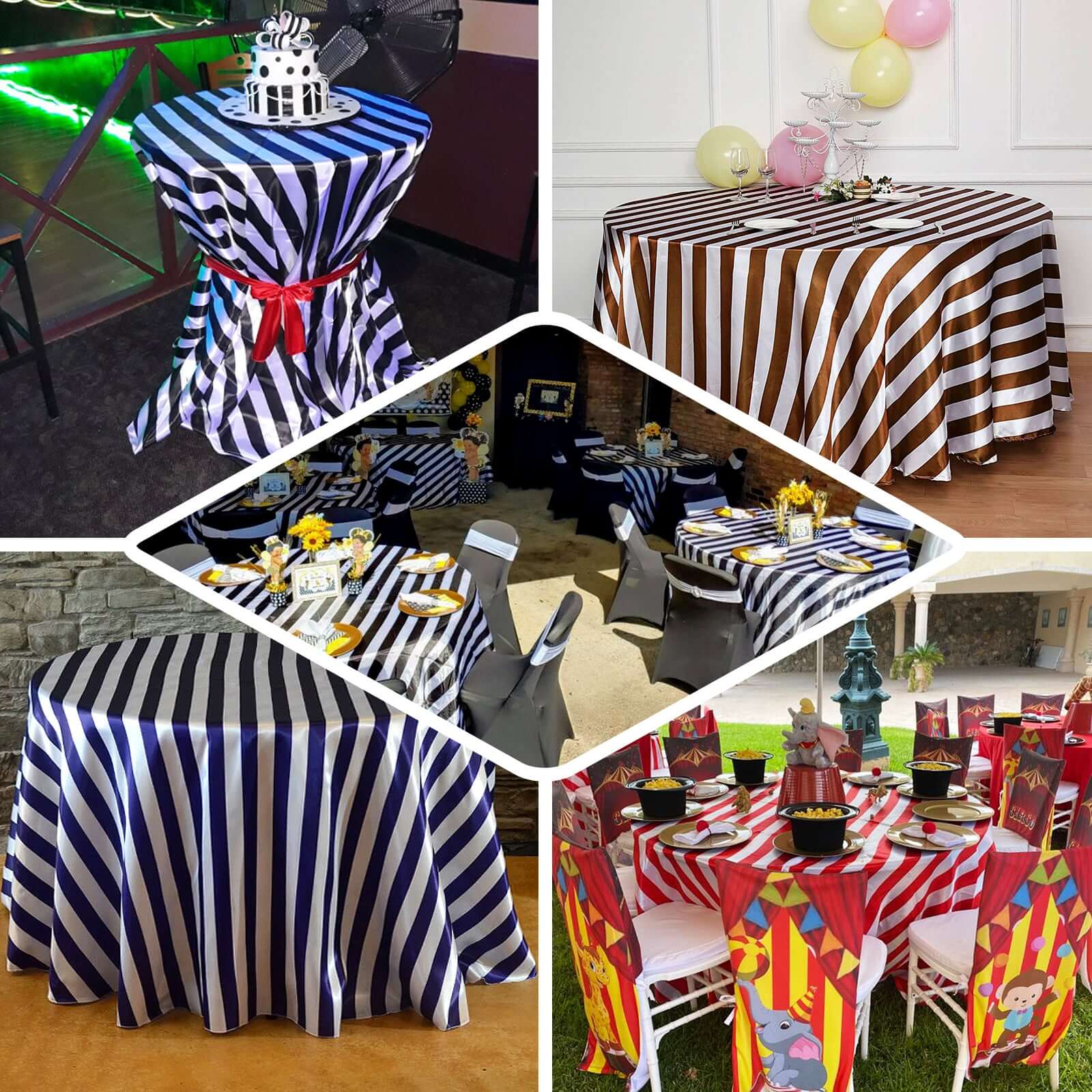 Hot Sale! 120-Inch Round Gold/White Stripe Satin Tablecloth with Seamless Smooth Finish