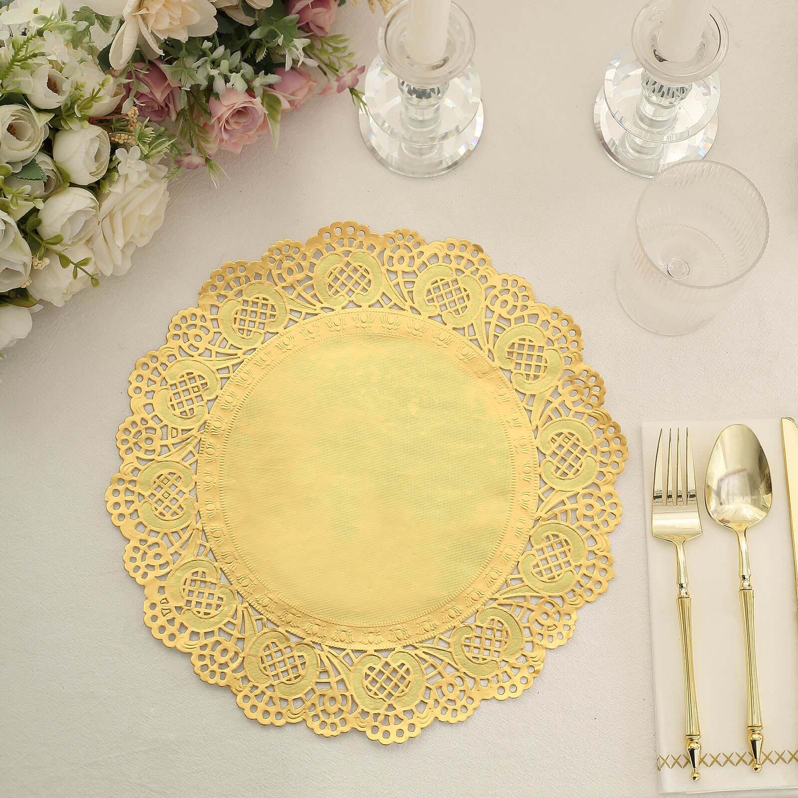 50 Pieces of 12-Inch Gold Food-Grade Lace Paper Round Placemats for Dessert & Table Decor