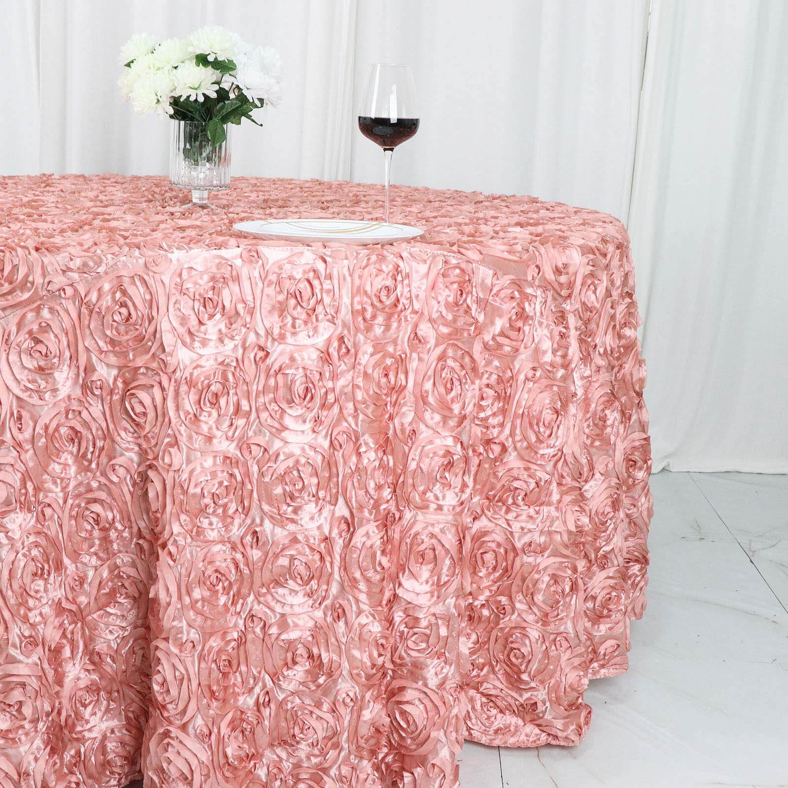 Hot! Dusty Rose Satin 120 Round Tablecloth with 3D Rosette & Seamless Finish