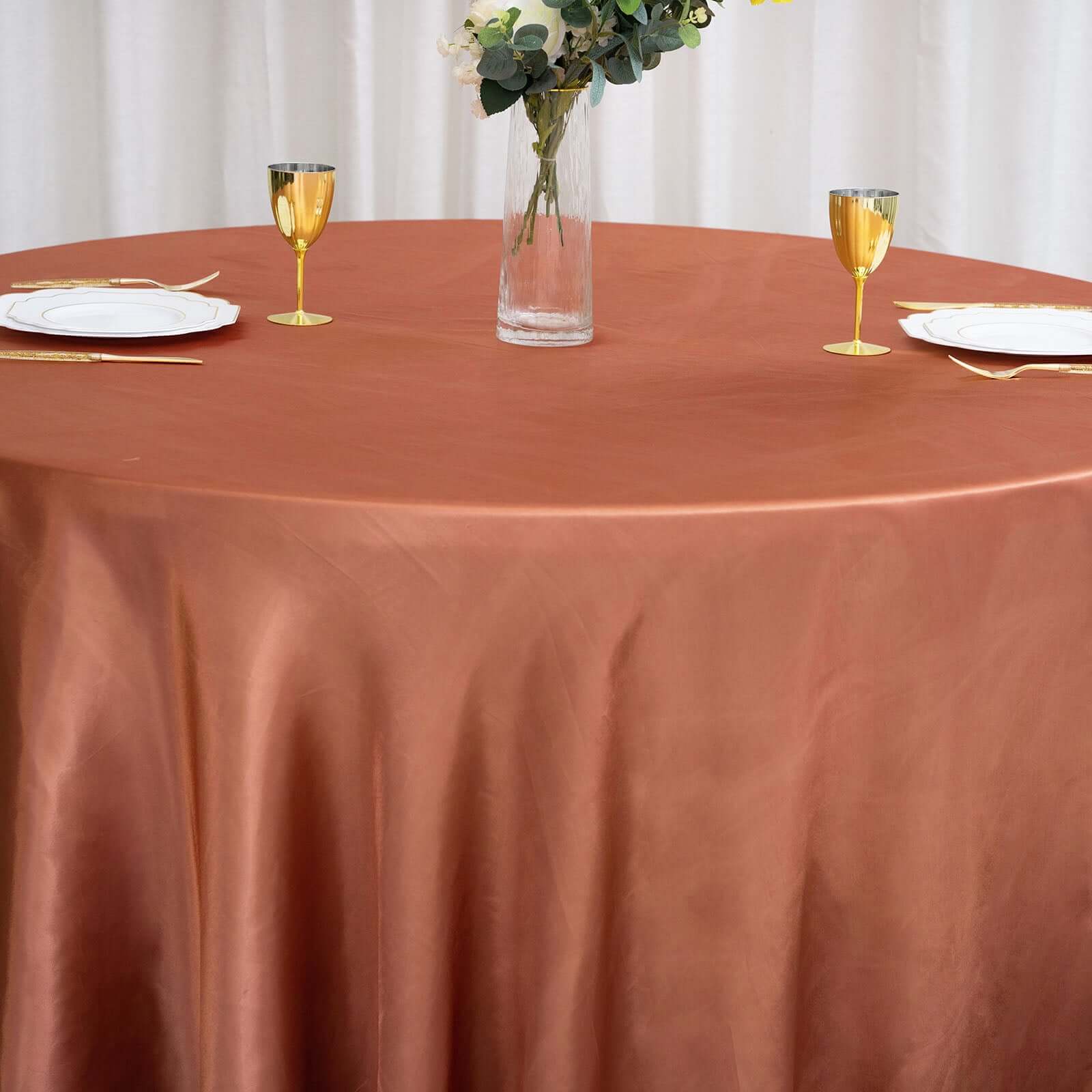 Stylish Seamless 120' Round Terracotta (Rust) Satin Tablecloth