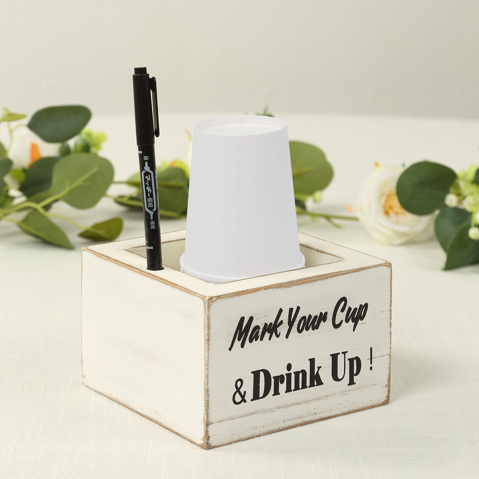 Whitewashed Rustic Wooden Solo Cup Holder with Black Marker for Farmhouse Parties, 5.5 inches