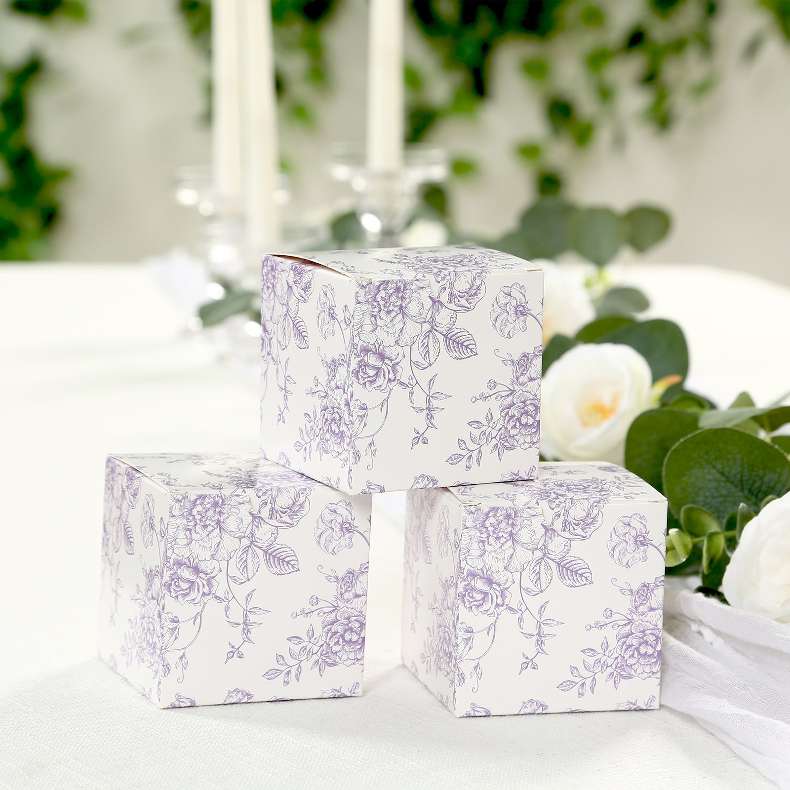 25-Piece Matte Lavender and White French Toile Pattern Cardstock Candy Favor Boxes - 3x3