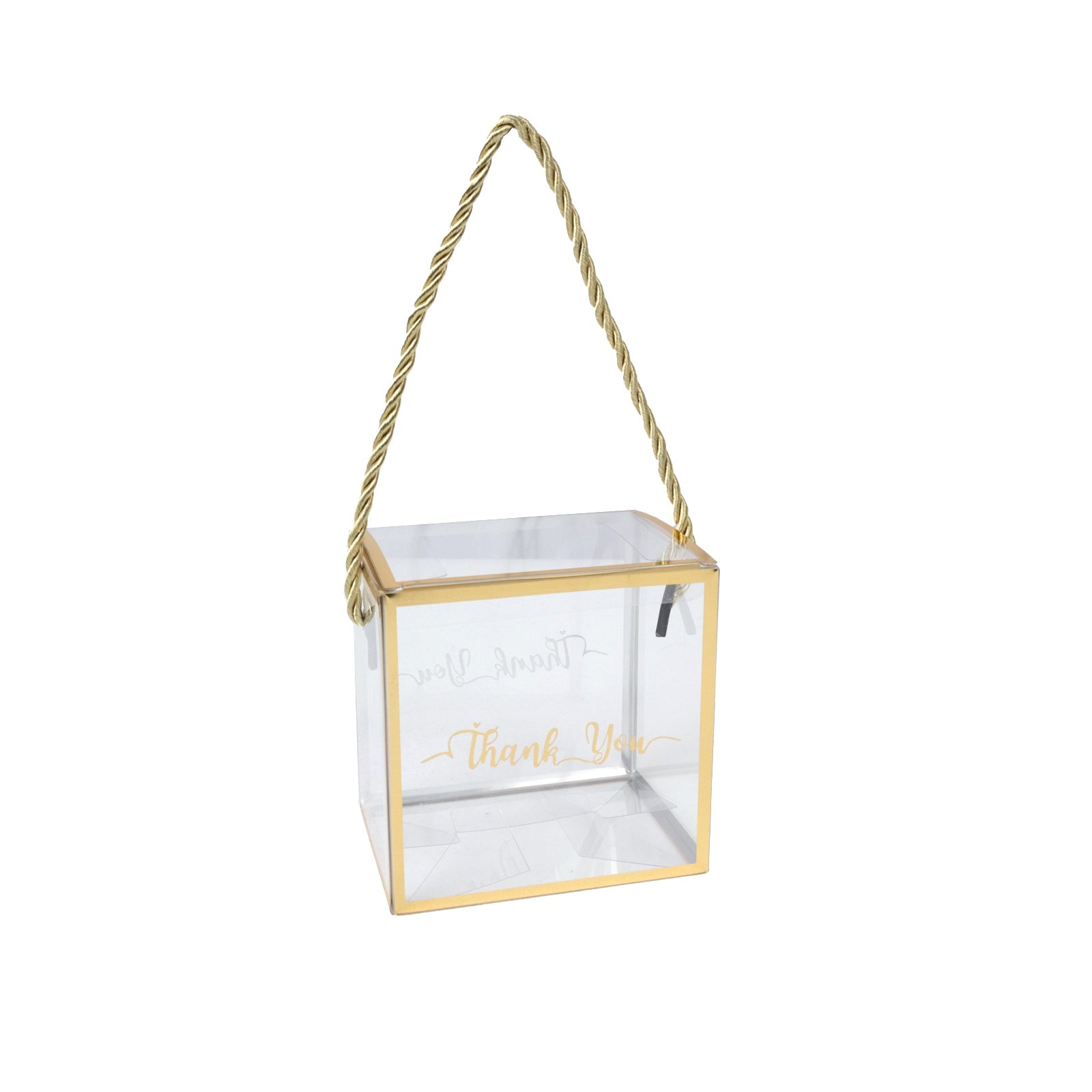 25-Piece Set of Clear Plastic Square Gift Boxes with Gold Trim and Rope Handles, Pre-Printed Thanks