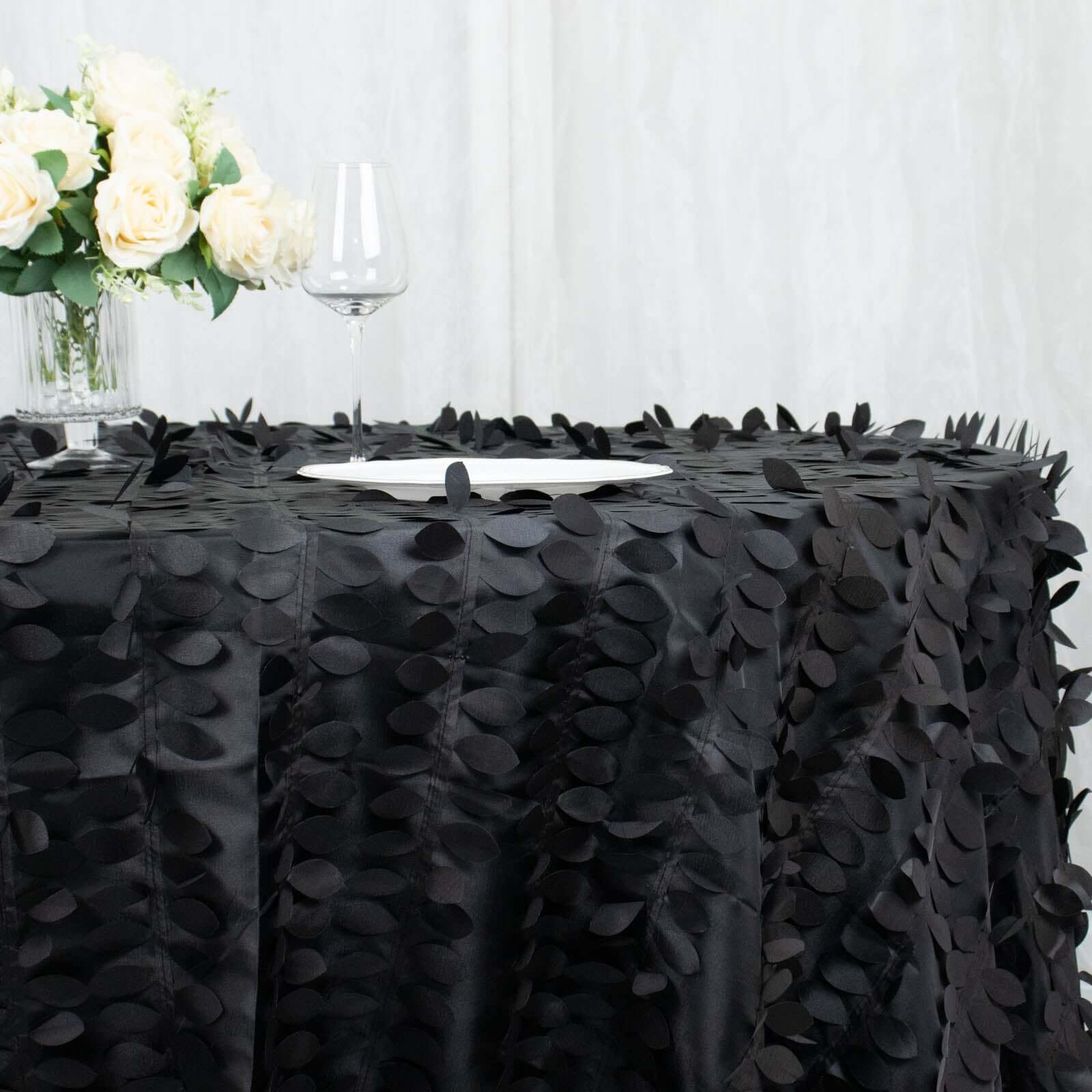 Black 132-Inch Round Taffeta Tablecloth with 3D Leaf Petal Seamless Design