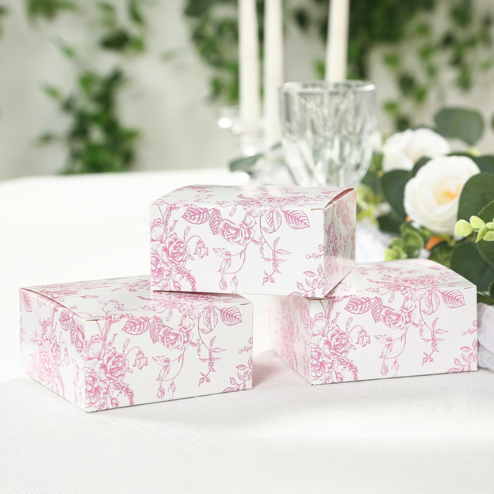 Get 25-Pack Matte Pink & White French Toile Pattern Cardstock Party Favor Candy Gift Boxes (4x4x2)