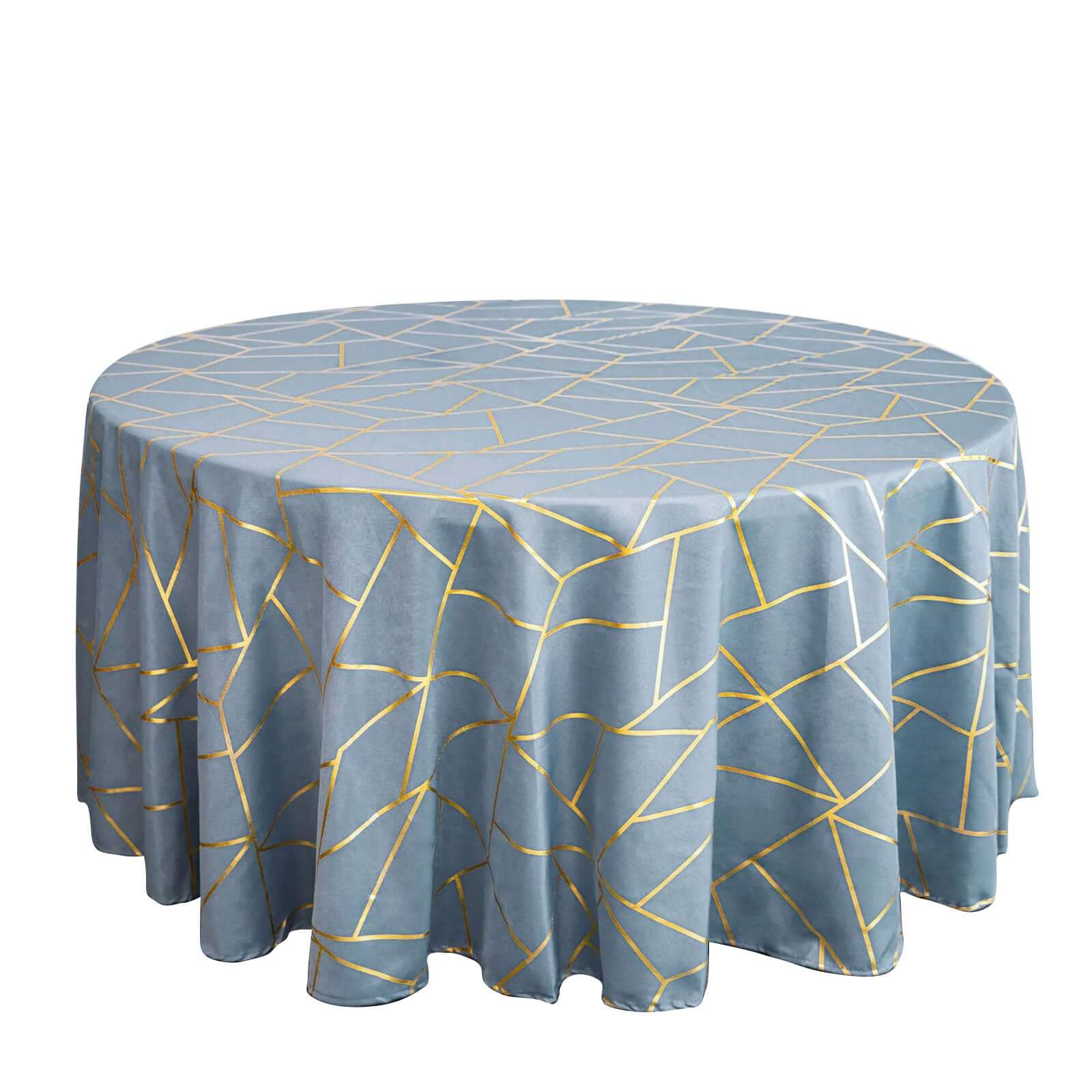Hot Sale! Wrinkle-Resistant Seamless Polyester 120' Round Tablecloth in Dusty Blue with Gold Foil Geometric Design