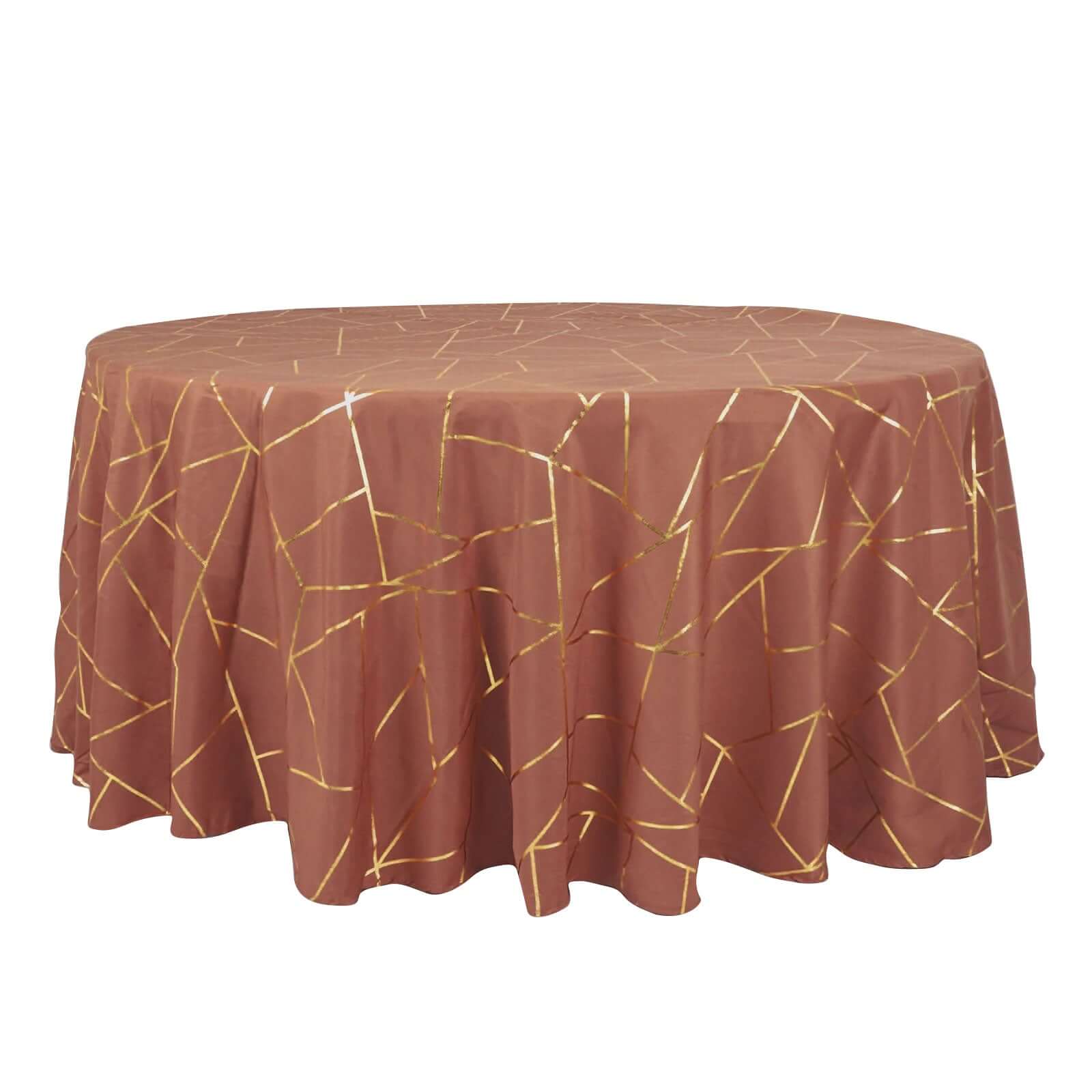 Wrinkle-Resistant Seamless Polyester Round Tablecloth in Terracotta with Gold Foil Geometric Design