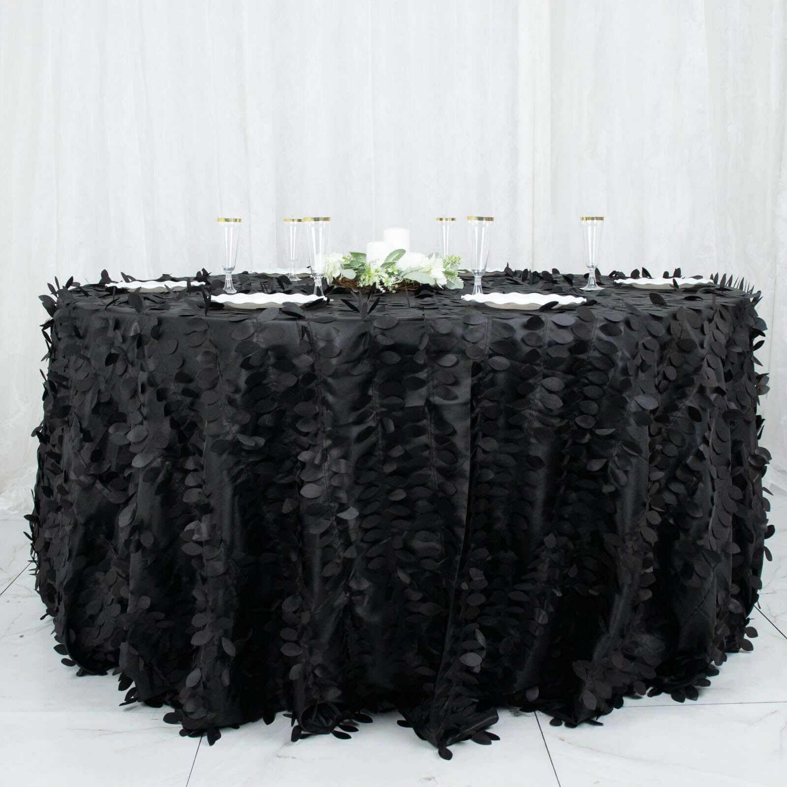 Black 132-Inch Round Taffeta Tablecloth with 3D Leaf Petal Seamless Design