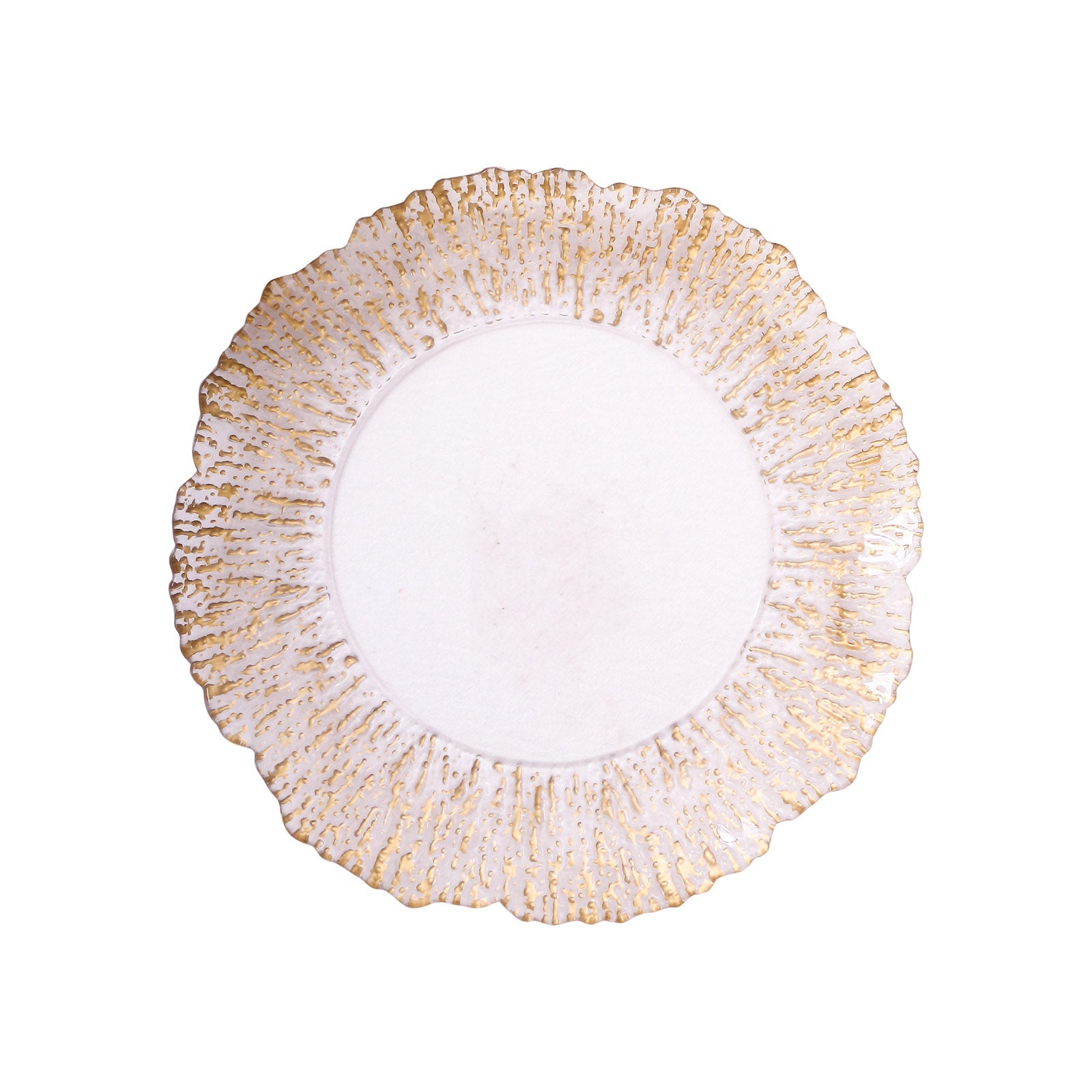 Hot Sale! 6-Pack 12-Inch Clear Plastic Round Charger Plates with Gold Brushed Scalloped Reef Rim for Party Serving
