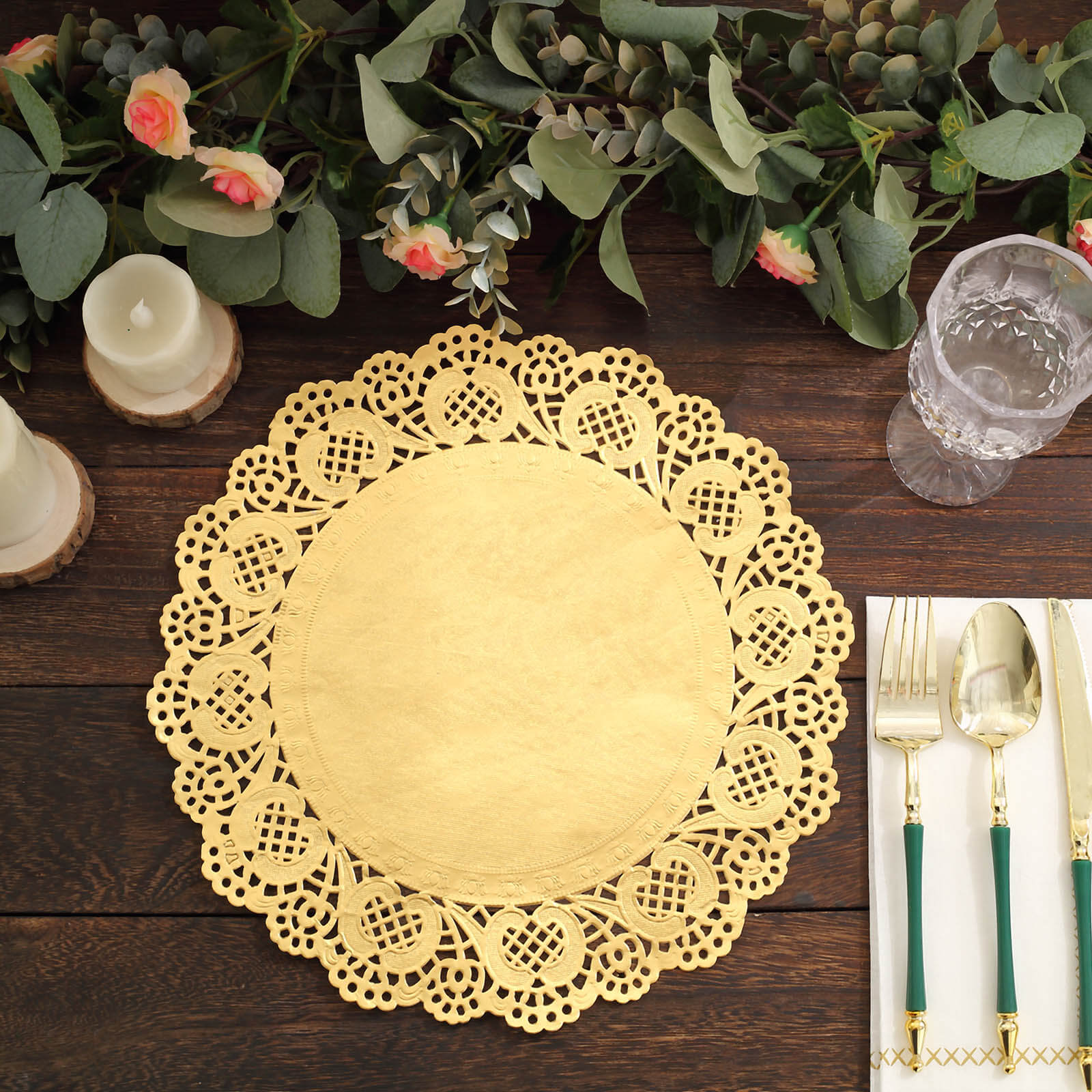 50 Pieces of 12-Inch Gold Food-Grade Lace Paper Round Placemats for Dessert & Table Decor