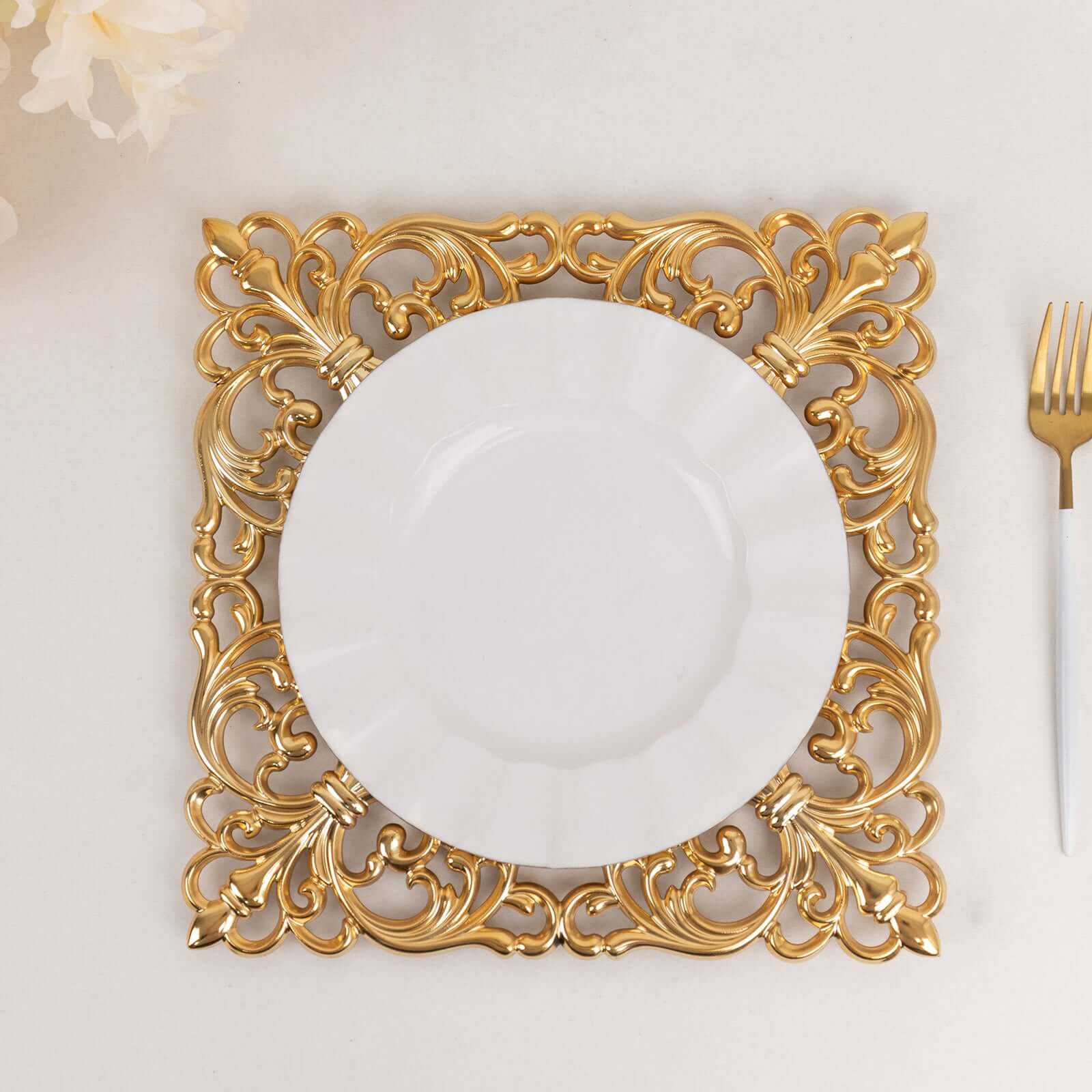 Hot Sale! 6-Piece Set of 12-Inch Gold Acrylic Square Charger Plates with Hollow Lace Border for Event Decor
