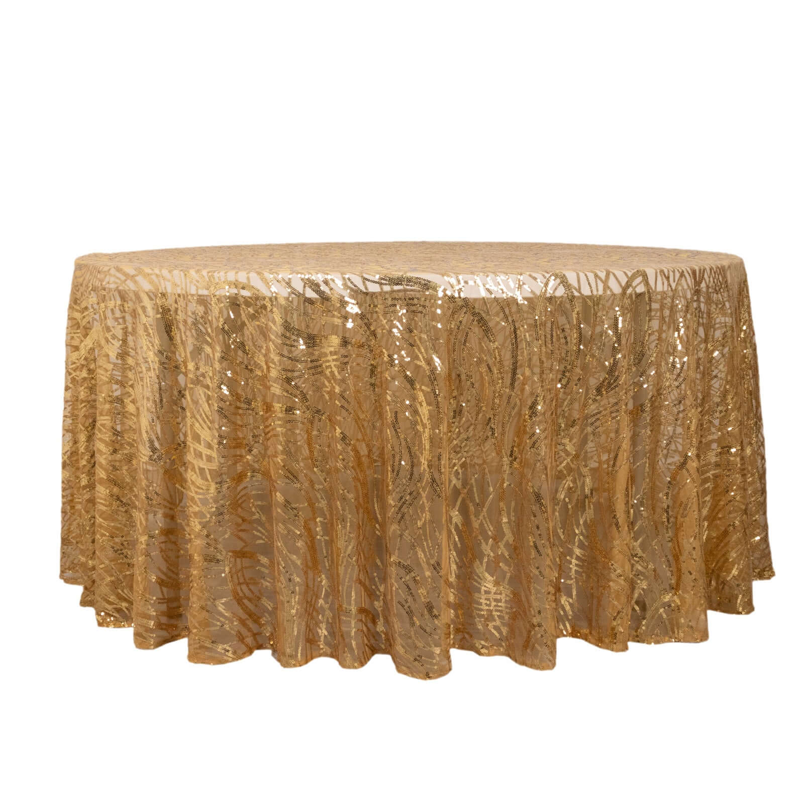120' Gold Sequin Mesh Round Tablecloth with Seamless Wave Embroidered Design for Events
