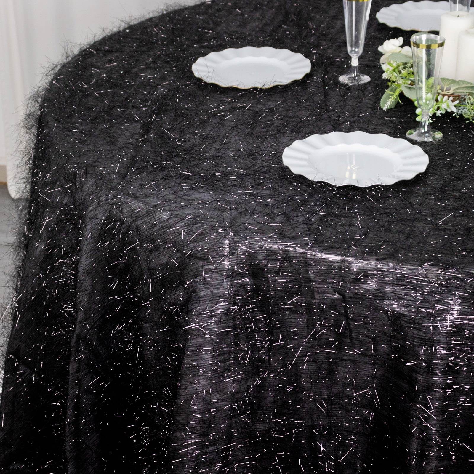 Exclusive Polyester 120-Inch Round Black Tablecloth with Metallic Fringe Shag Tinsel for Events
